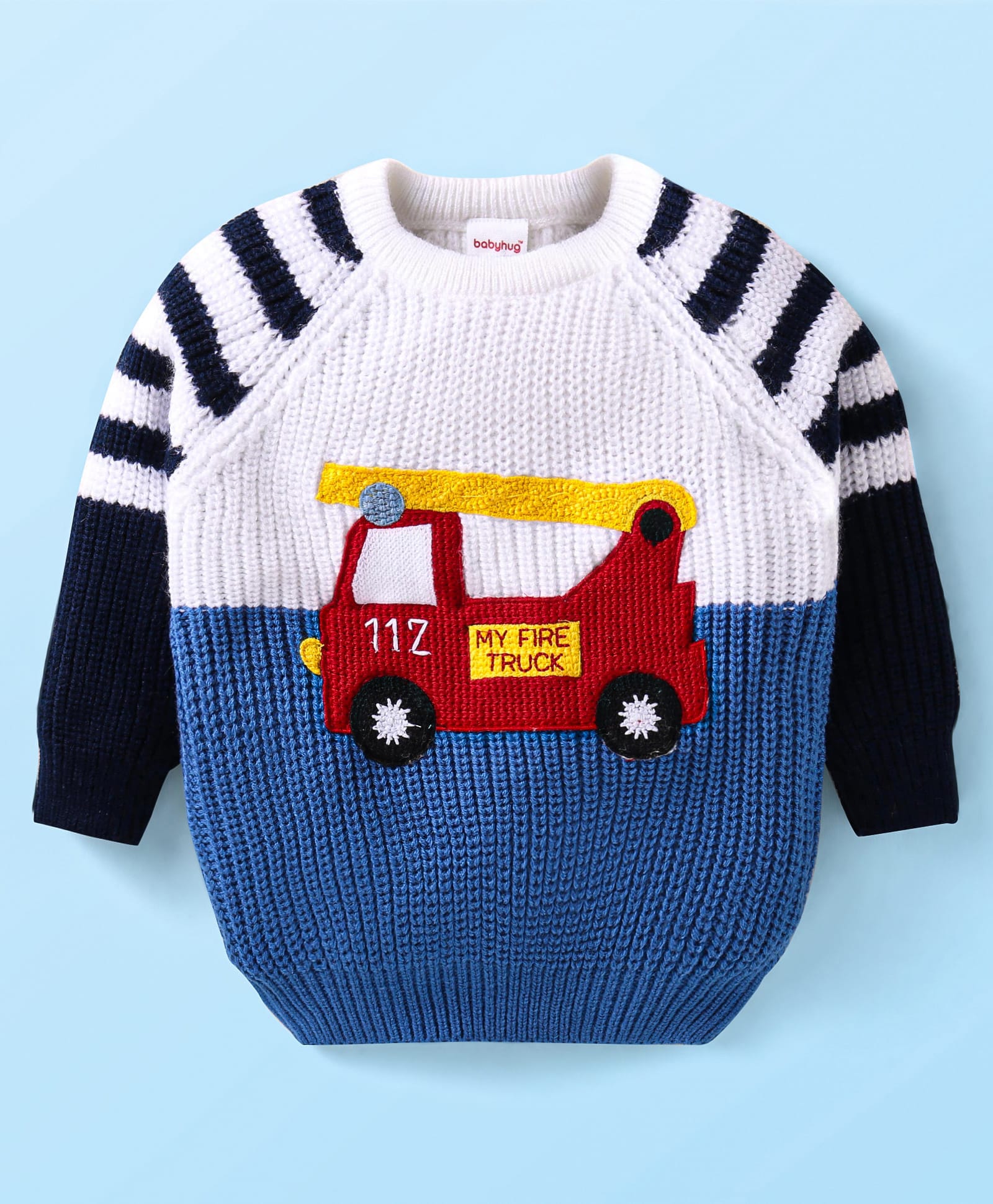 Babyhug Knitted Full Raglan Sleeves Striped & Fire Truck Designed Pullover Sweater- White Blue & Navy-image-41