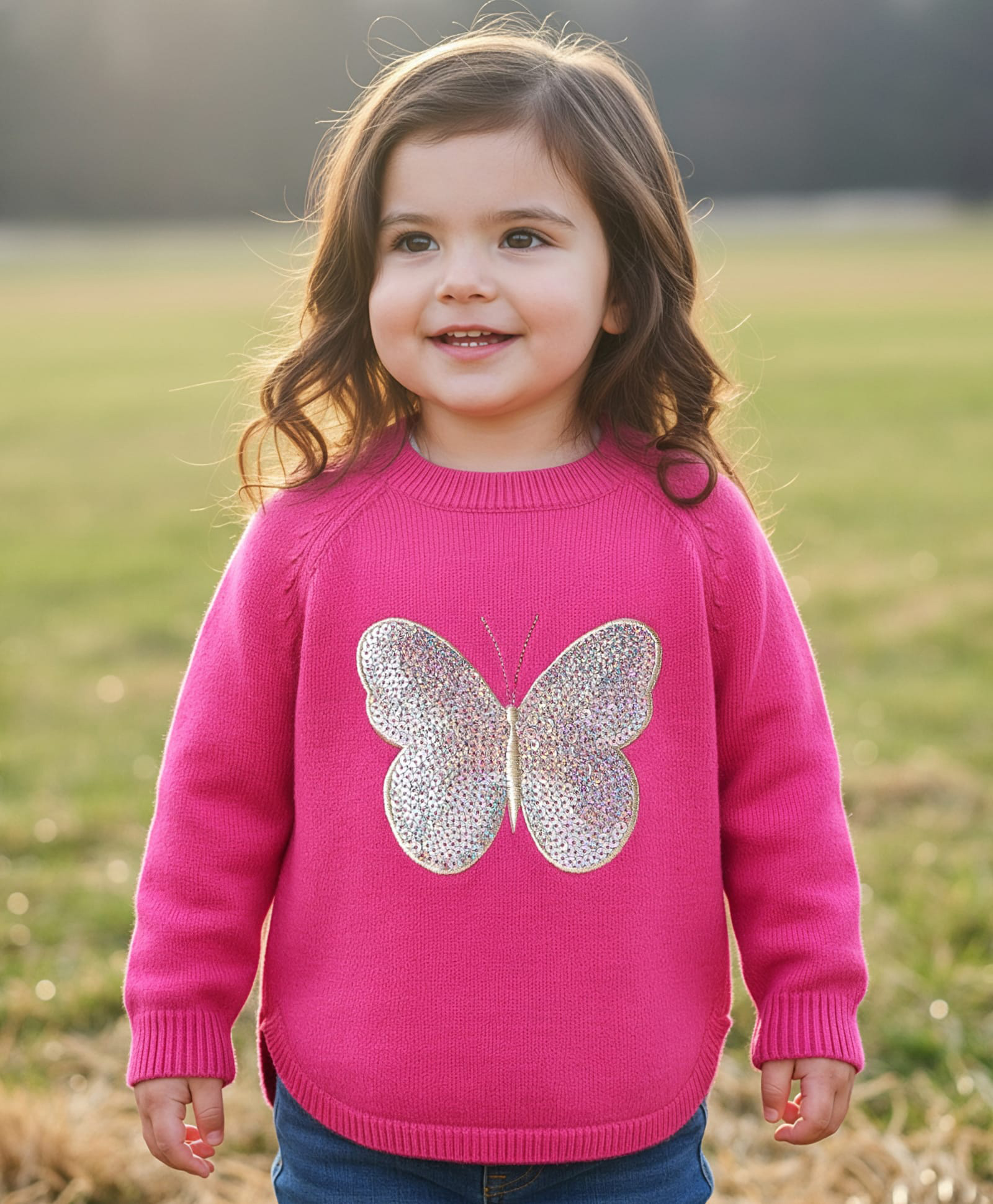 Babyhug Knitted Full Raglan Sleeves Butterfly Sequinned Detailed Sweater - Dark Pink-image-12