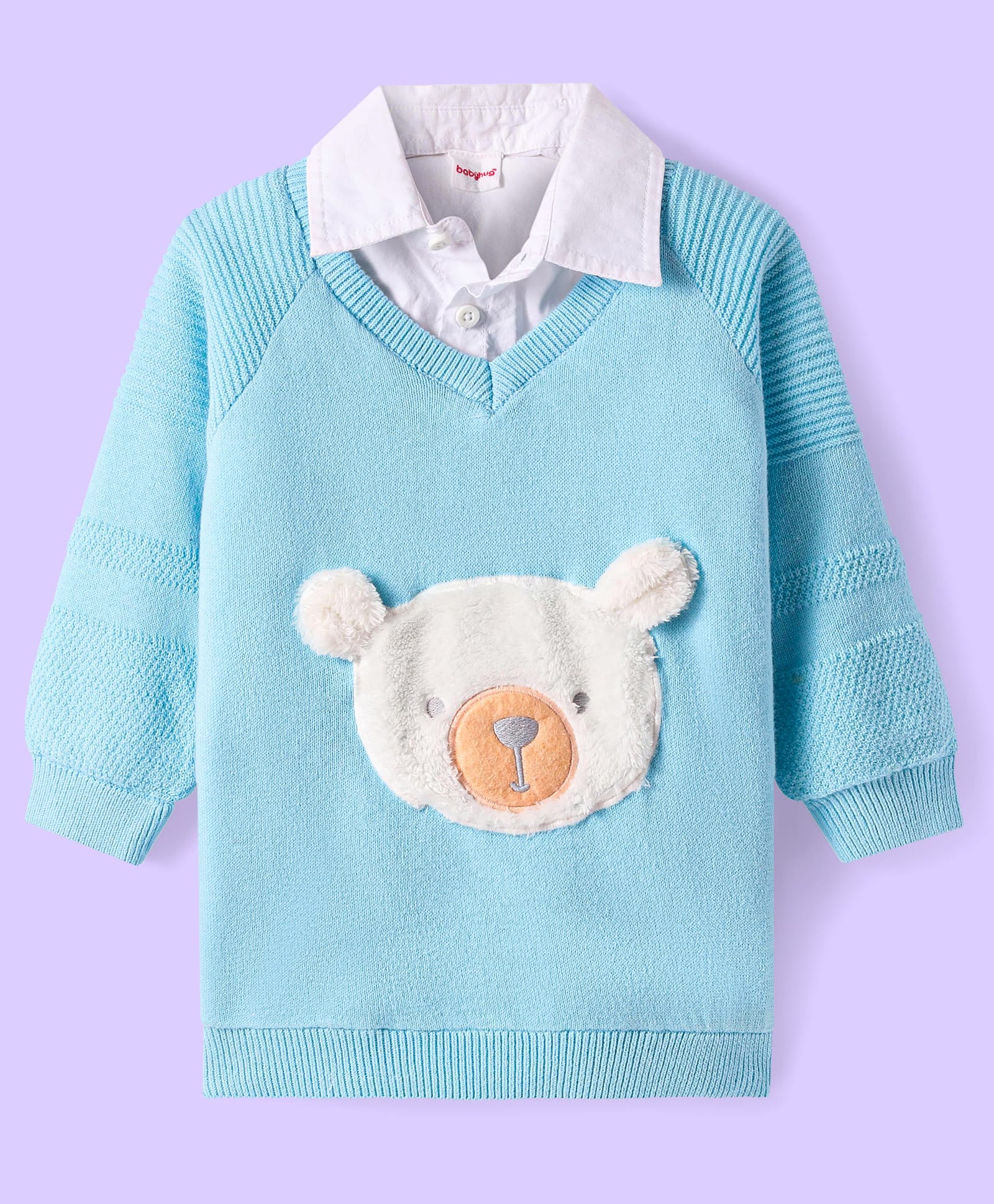 Babyhug Knit Full Raglan Sleeves Overlapped Polo Sweatshirt with Bear Patch Detailing - Light Blue
