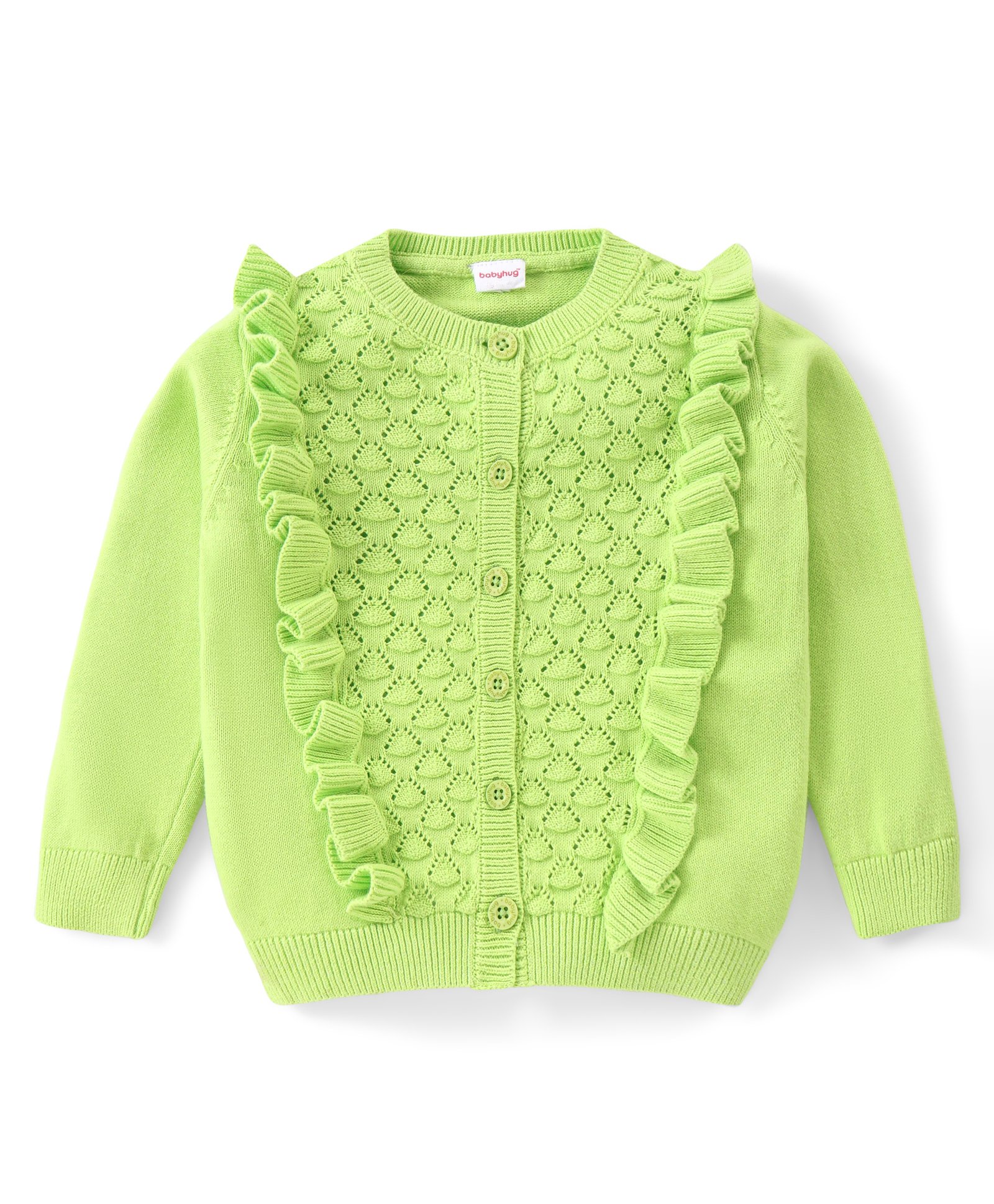 Babyhug Knitted Full Sleeves Front Open Sweater with Cable Knit Design - Lime Green-image-4