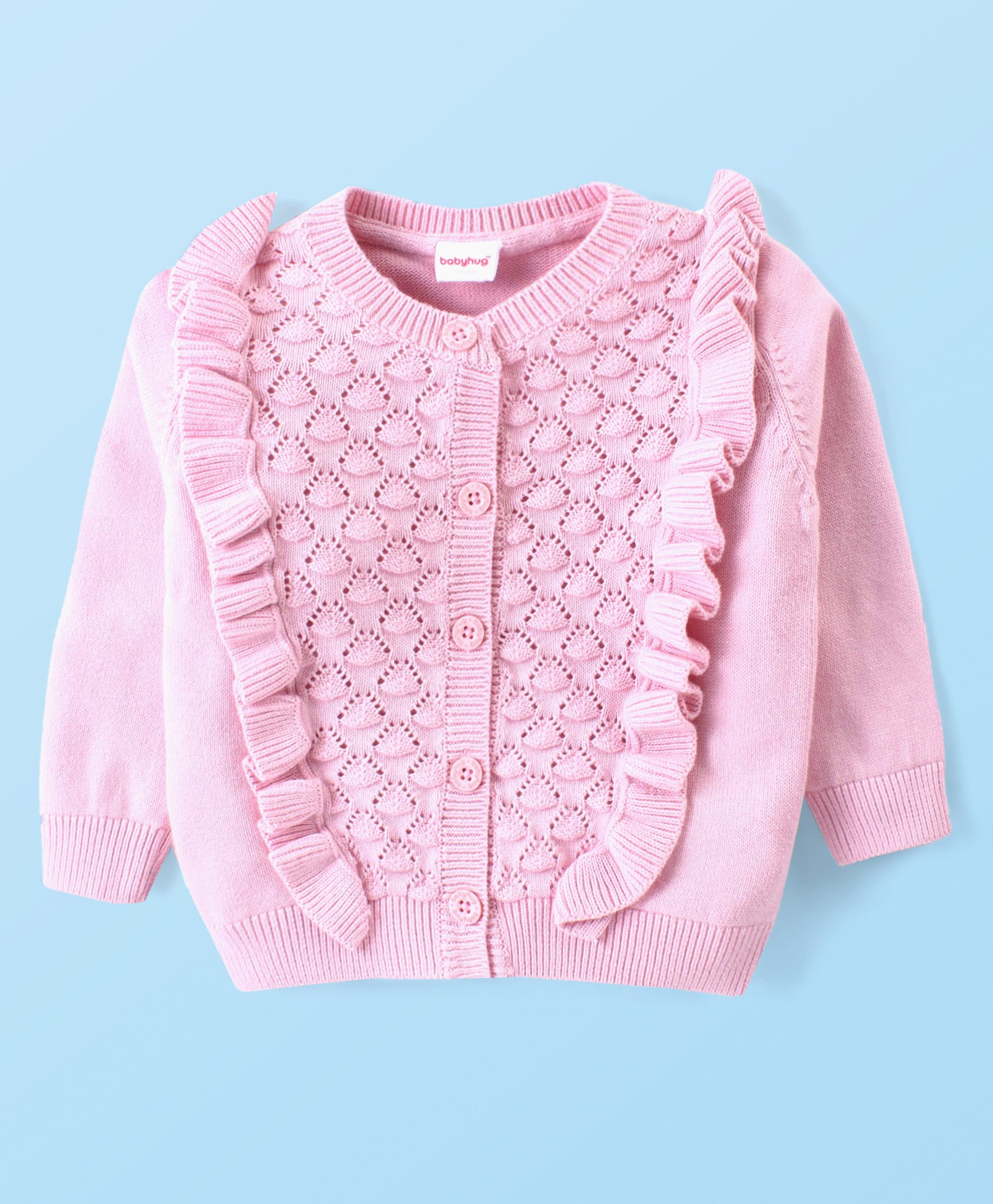 Babyhug Knitted Full Sleeves Front Open  Sweater with Cable Knit Design - Pink-picture-23