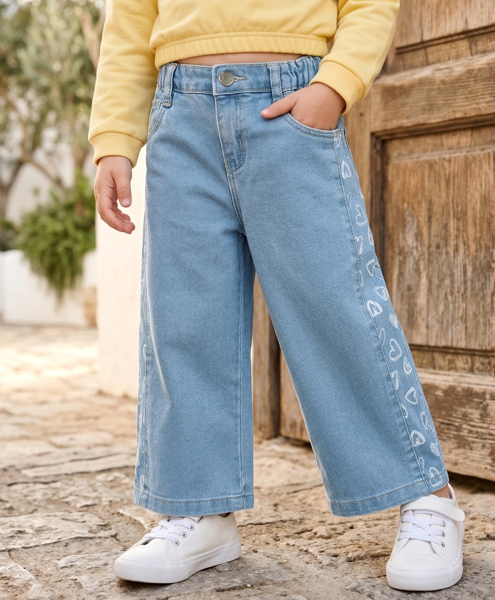 Babyhug Denim Washed Full Length Stretch Jeans With Heart Print - Blue-image-15