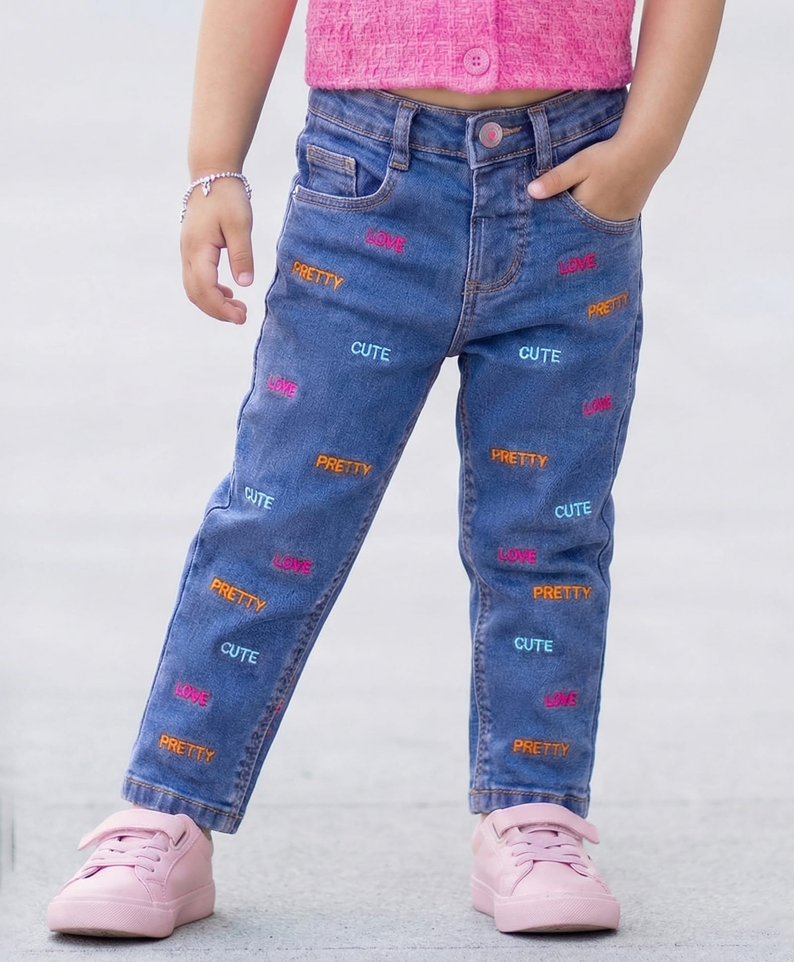 Babyhug Full Length Washed Denim Jeans With Text Embroidery & Stretch - Blue-picture-17