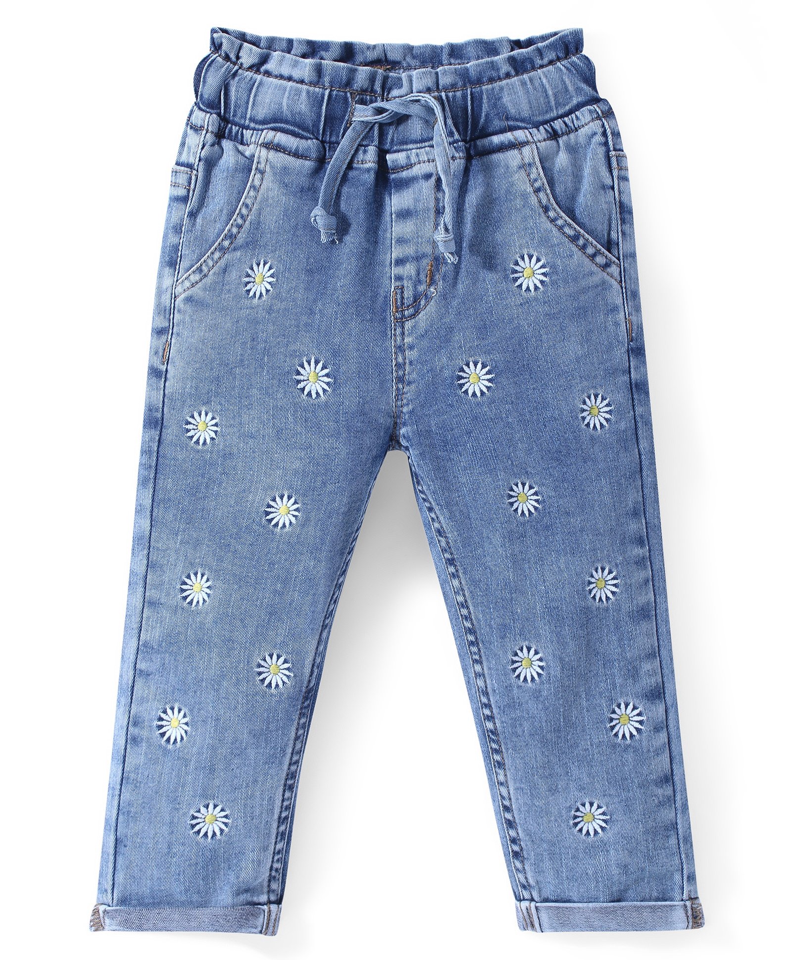 Babyhug Denim Full Length with Stretch Jeans Floral Embroidery - Blue-picture-24