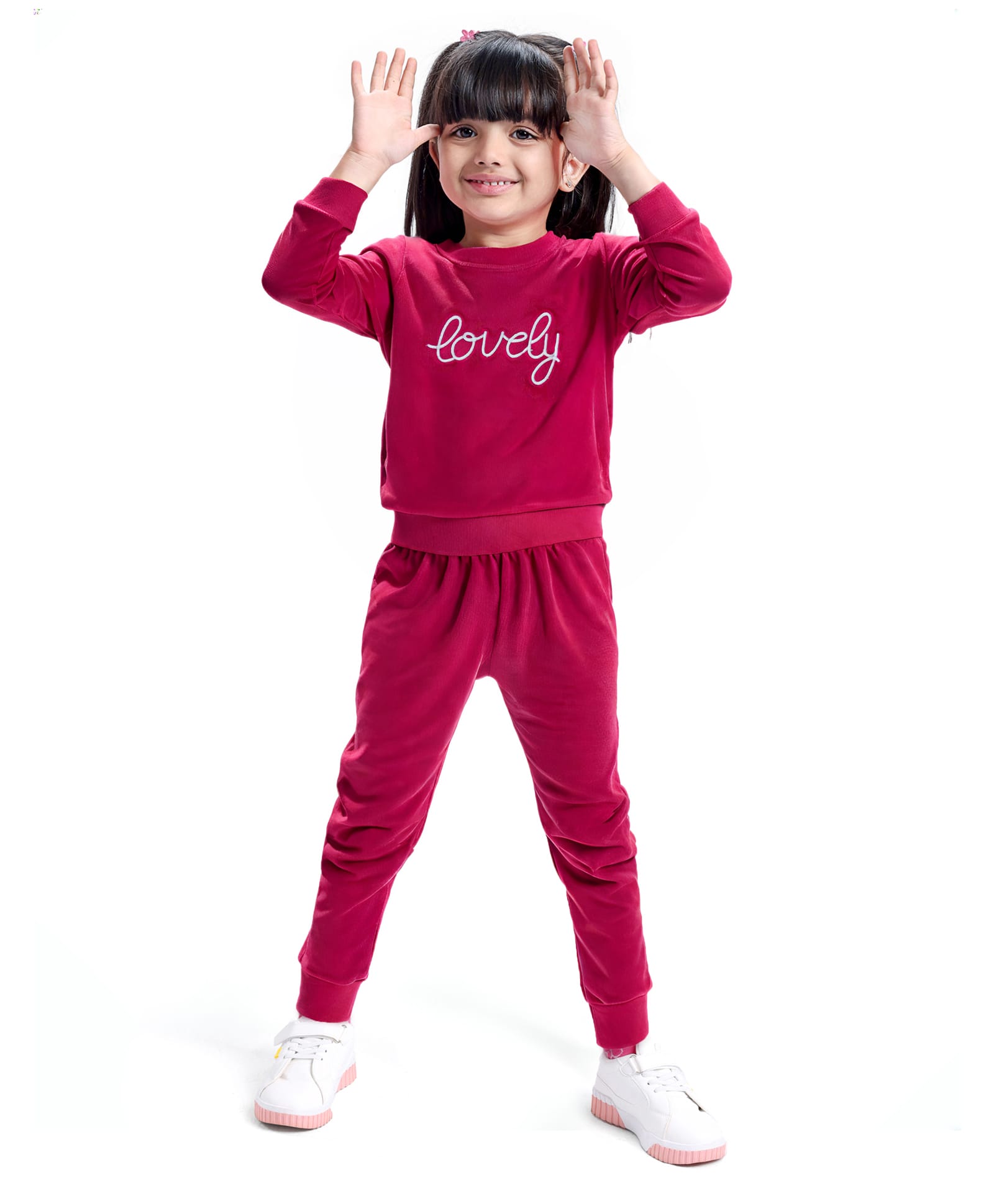 Babyhug Velour Woven Full Sleeves Winter Wear Set With Text Embroidery - Dark Pink-image-16
