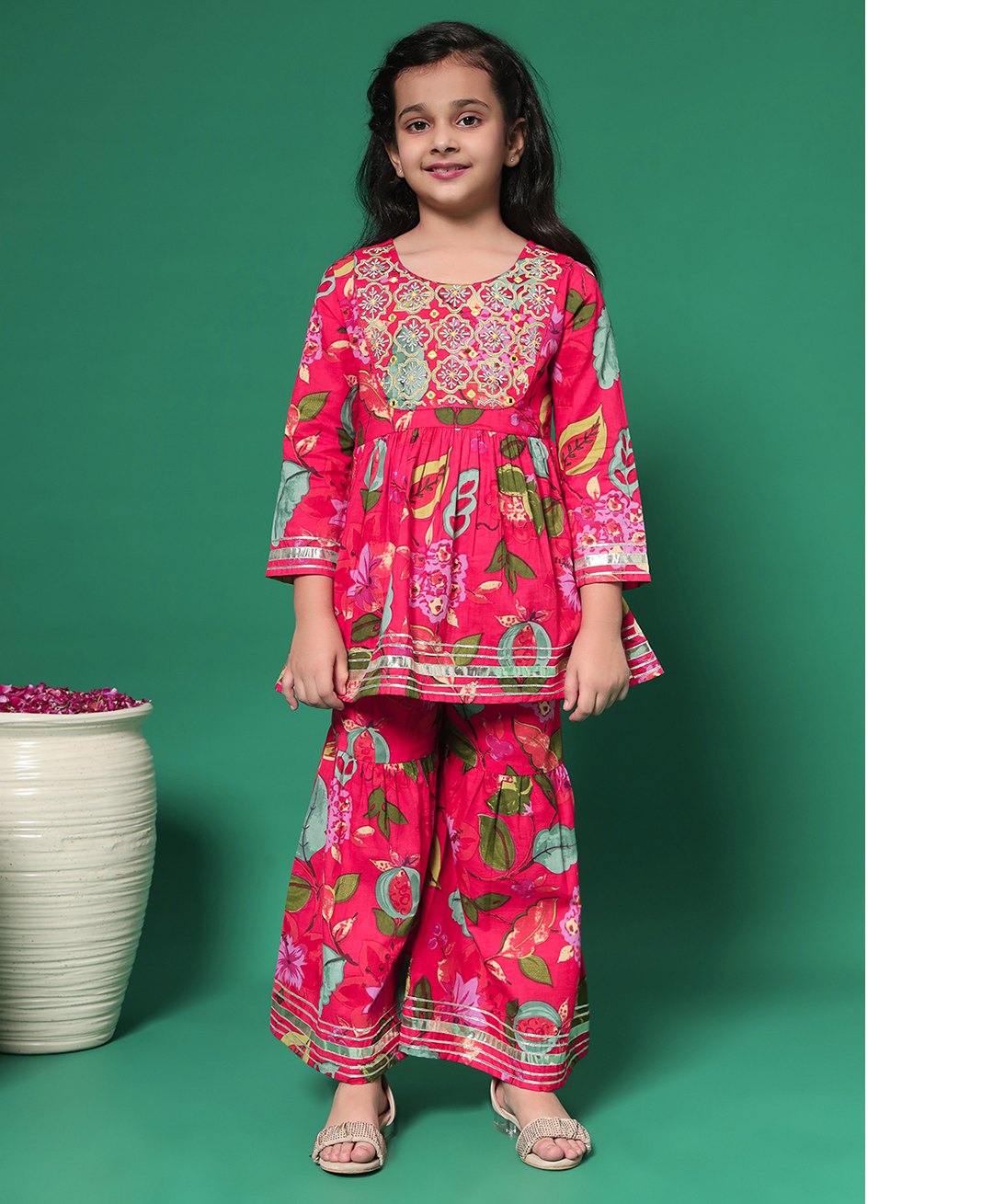 READIPRINT Three Fourth Sleeves Leaves Printed & Floral Embroidered Kurta With Lace Detailed Sharara Set - Red-picture-32