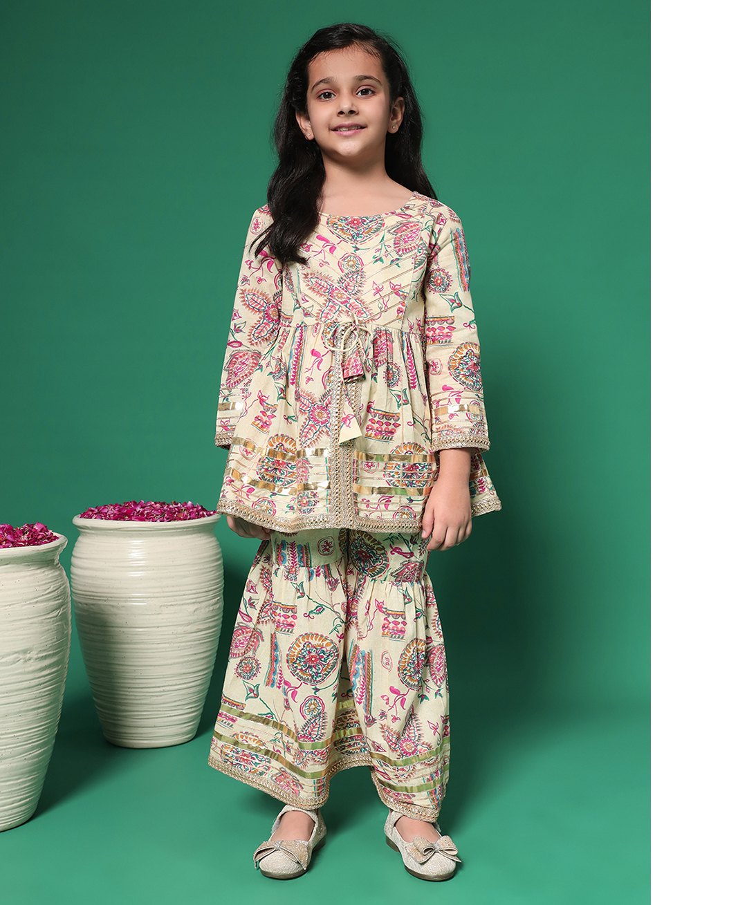 READIPRINT Three Fourth Sleeves Floral Printed & Lace Detailed Kurta With Sharara Set - Beige-image-29