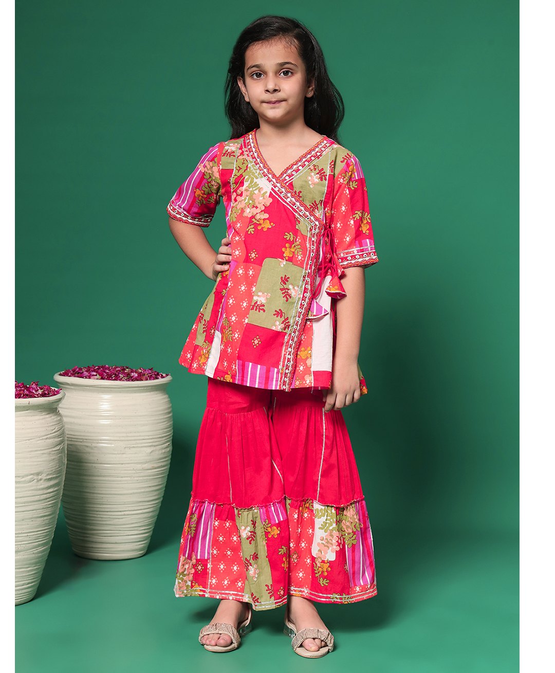 READIPRINT Cotton Half Sleeves Floral Printed Kurta & Sharara - Red-image-47