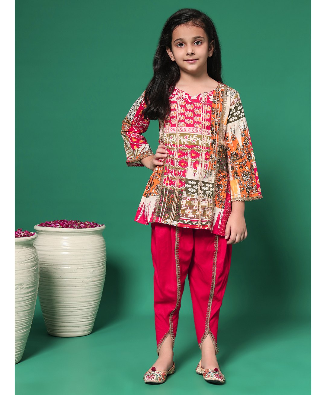 READIPRINT Cotton Three Fourth Sleeves Floral Printed Kurta & Dhoti - Red-image-47