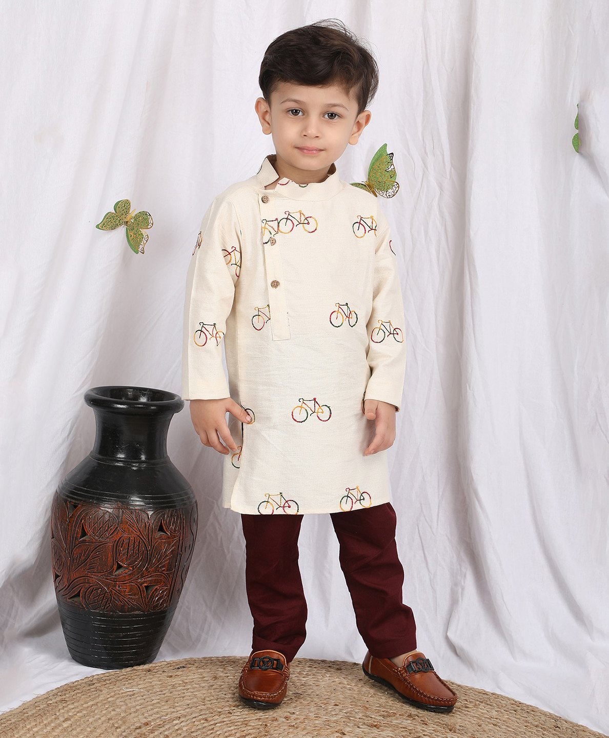 Polka Tots Cotton Full Sleeves Bicycle Printed Kurta Pyjama  - Off White-image-35