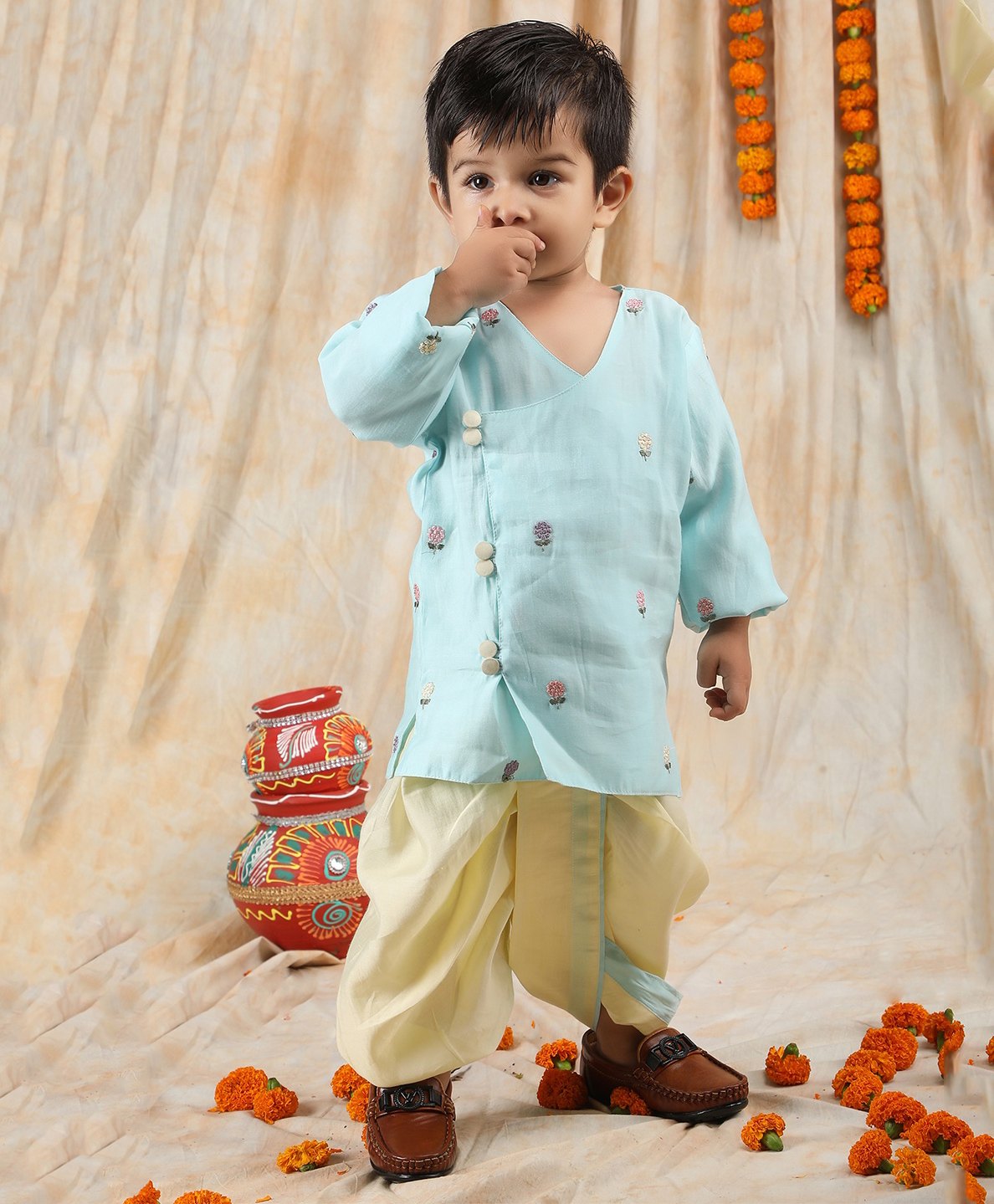 Polka Tots Cotton Full Sleeve Flower Embroidered Kurta  Dhoti  - Tuquoise-image-4