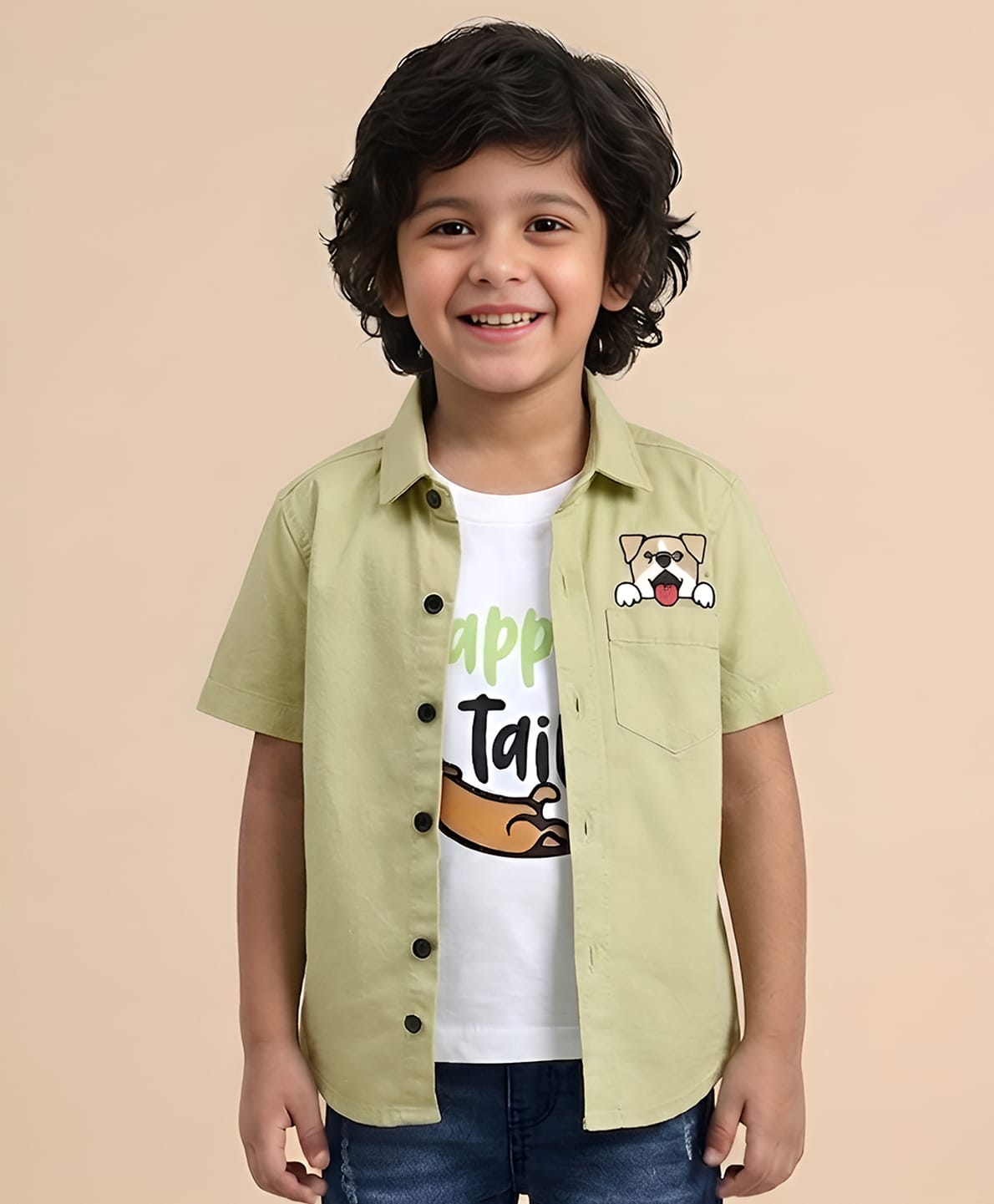 Polka Tots Cotton Half Sleeves Dog Printed  Shirt  - Yellow-picture-34