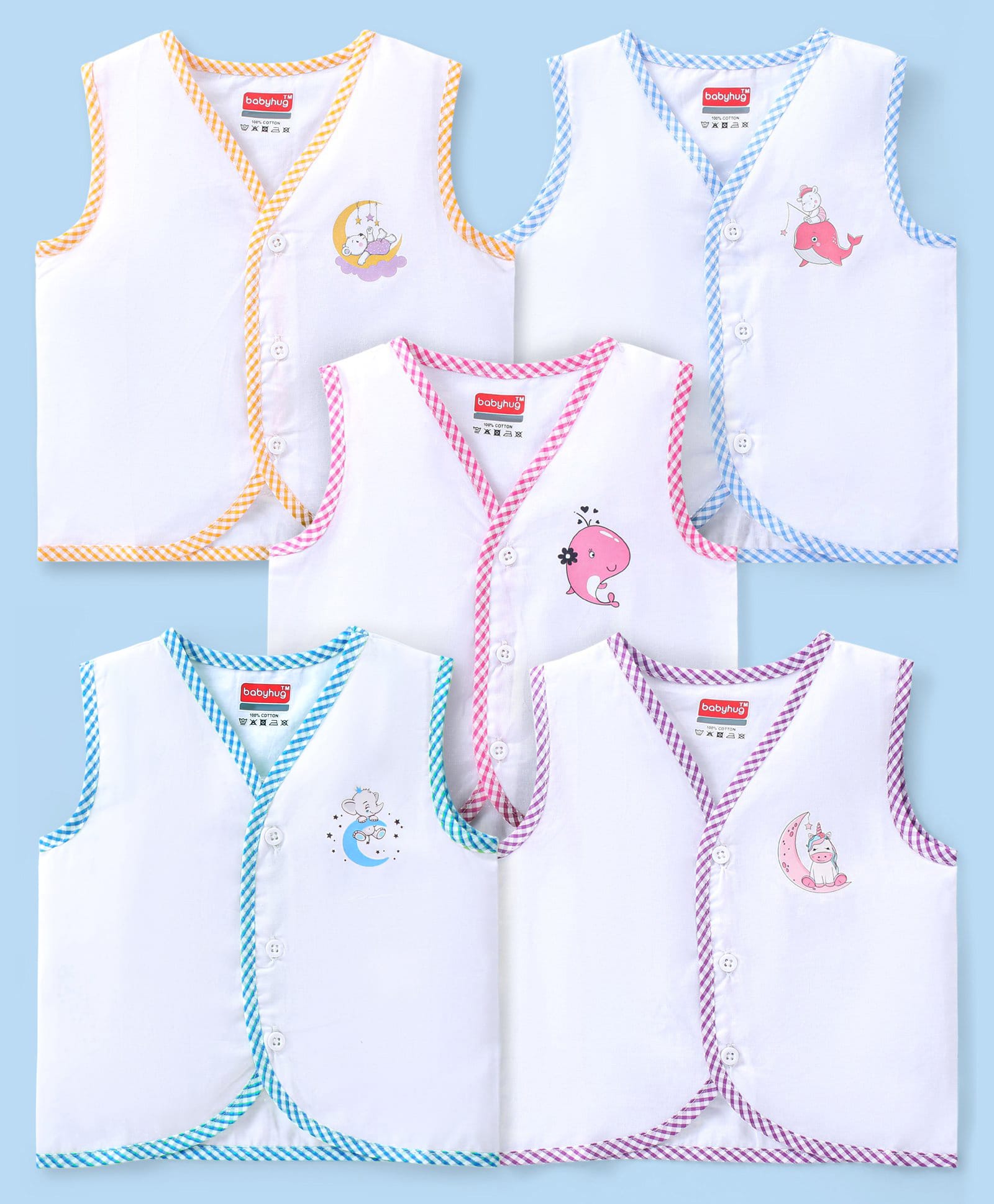 Babyhug Interlock Knit Sleeveless Front Open Vests With Animal Print Pack of 5 - White-image-41