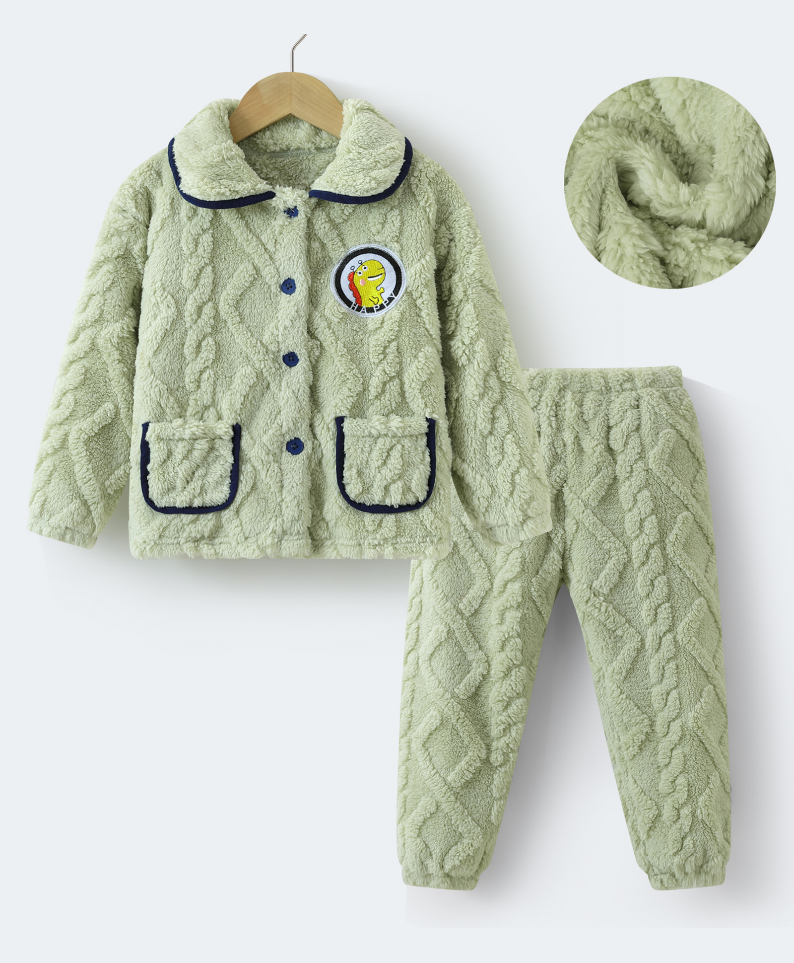 Kookie Kids Full Sleeves Collared Winter Wear Night Suit With Dino Patch - Light Green-image-37
