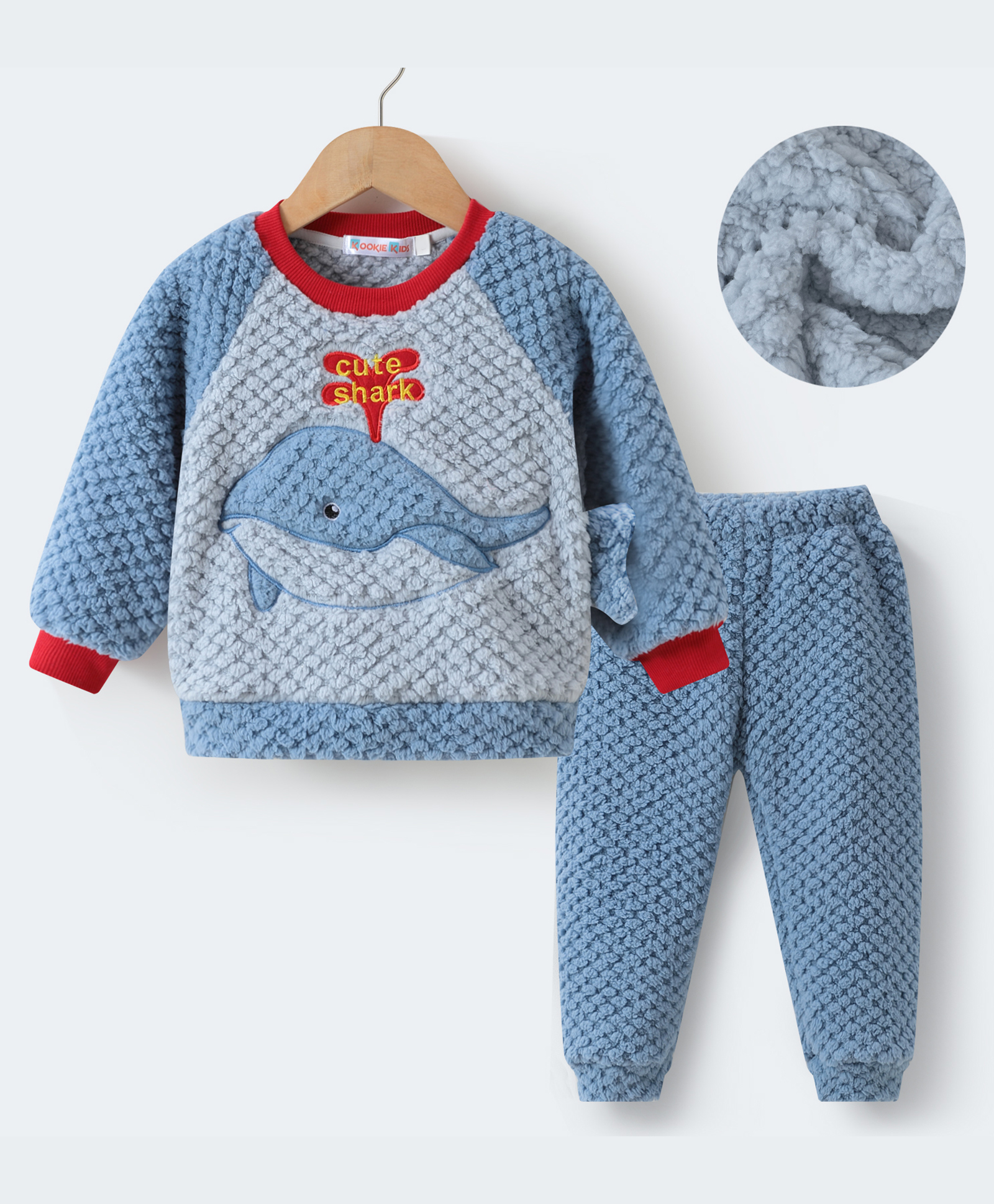 Kookie Kids Full Raglan Sleeves Winter Wear Sweatshirt & Lounge Pant Set with Whale Embroidery - LightBlue-image-8