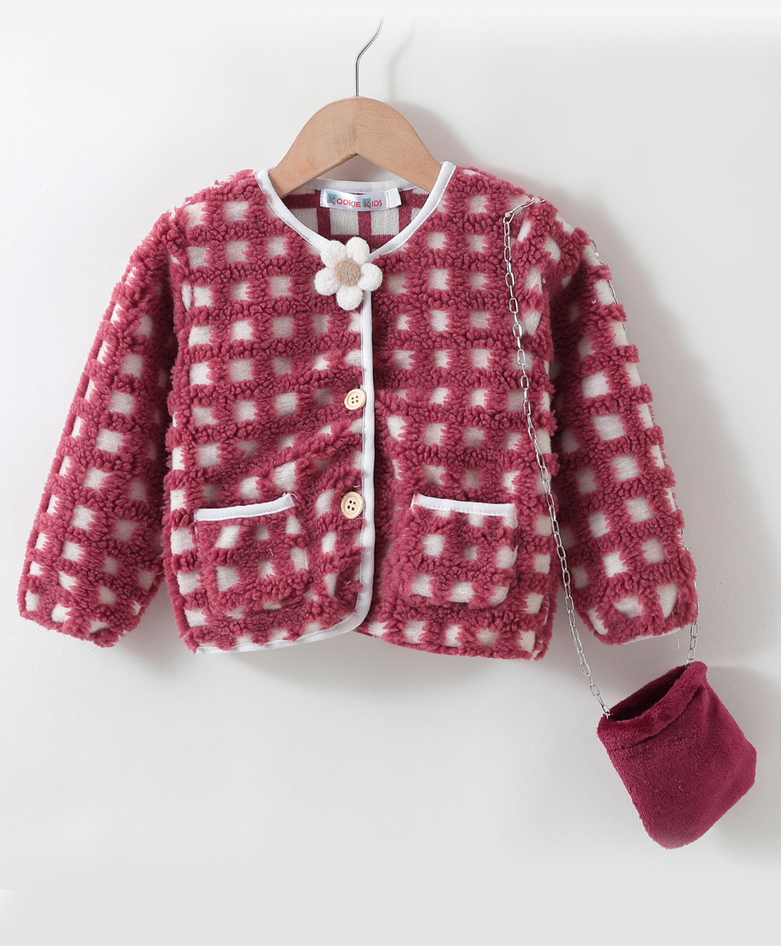 Kookie Kids Full Sleeves Checks Designed Jacket with Sling Bag - Dark Pink-image-34
