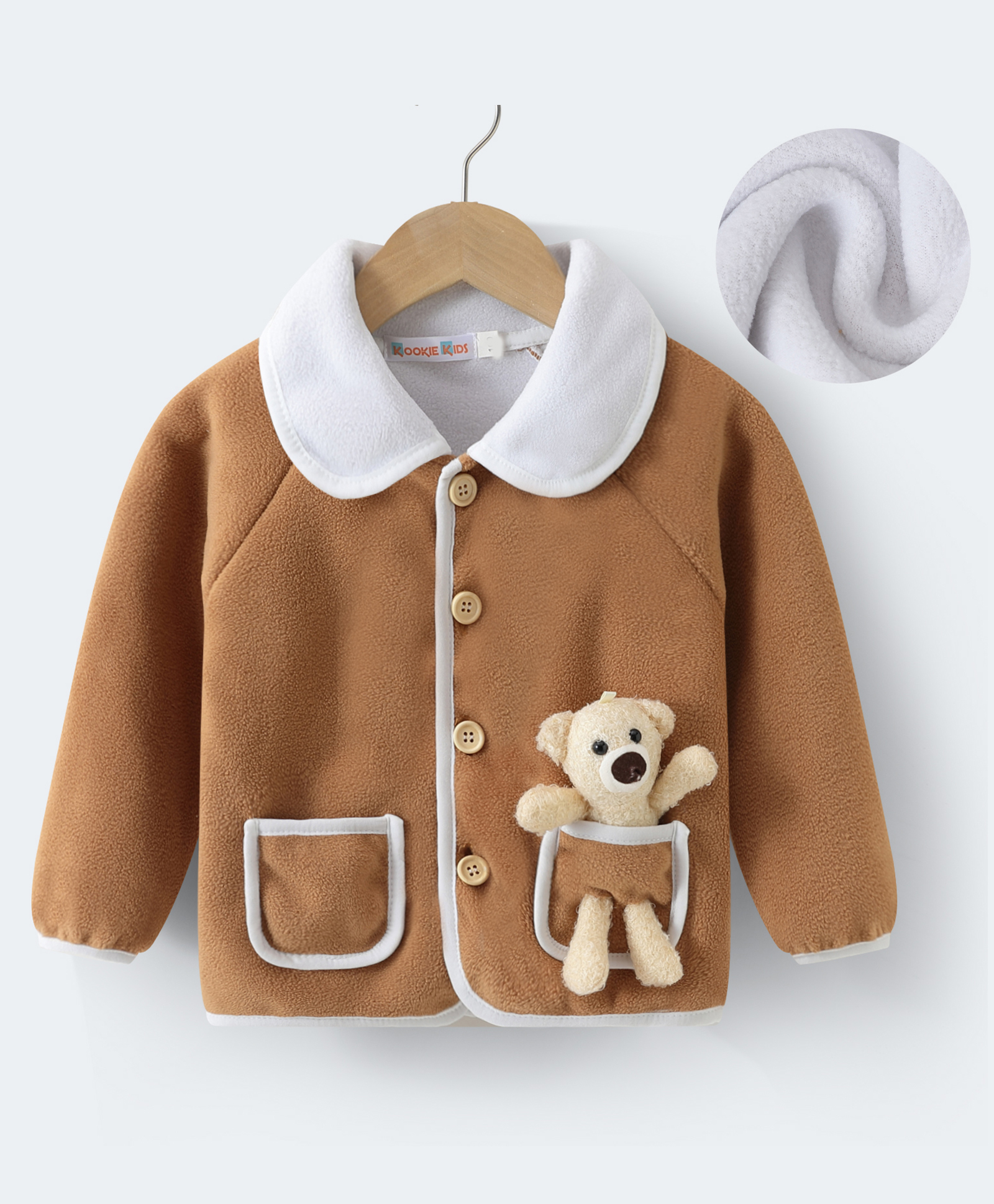 Kookie Kids Full Raglan Sleeves Front OpenFur Winter Jacket with Teddy Bear Applique - Brown-picture-24