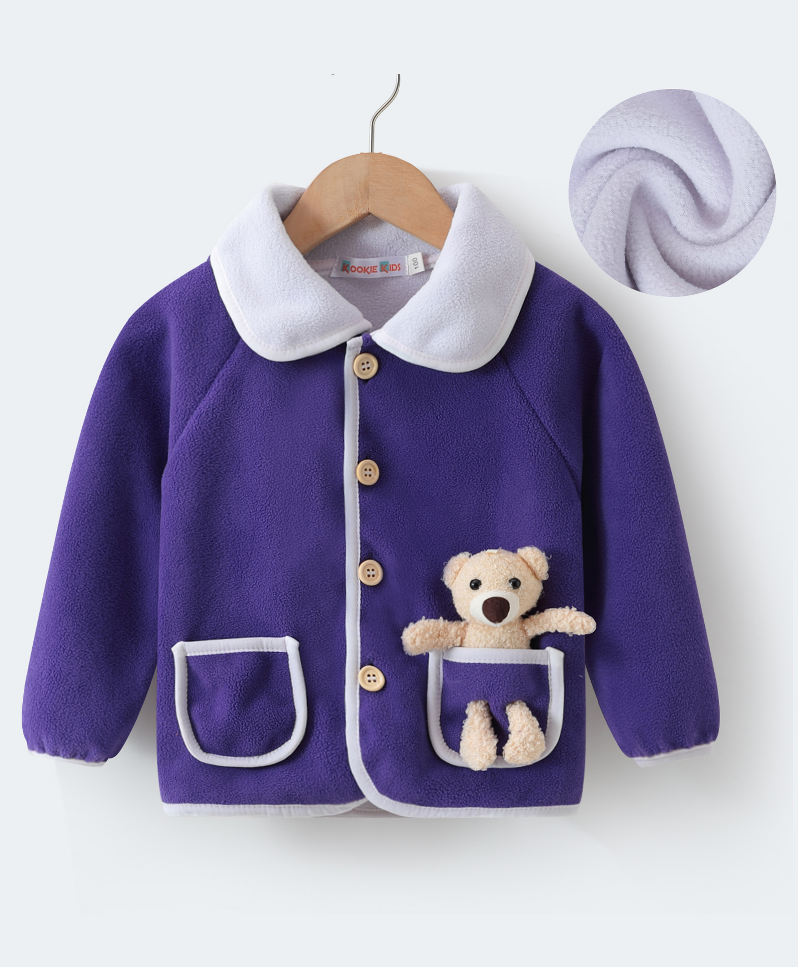Kookie Kids Full Raglan Sleeves Front OpenFur Winter Jacket with Teddy Bear Applique - Purple-image-48