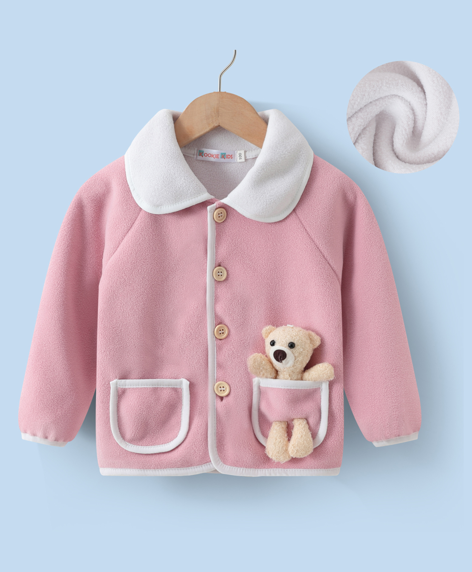Kookie Kids Full Raglan Sleeves Solid Colour Collared Winter Jacket with Teddy Applique & Pockets - Pink-picture-18