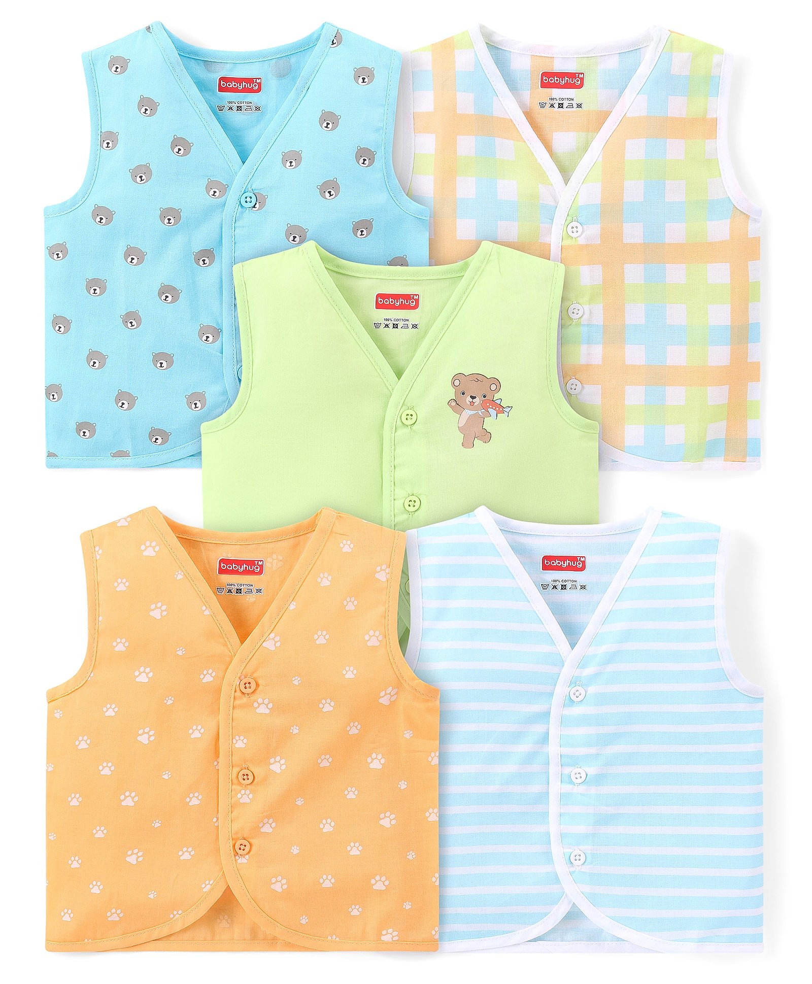 Babyhug 100% Cotton Woven Sleeveless Front Open Jhablas With Stripes & Animal Prints Pack of 5 - Multicolour-picture-22
