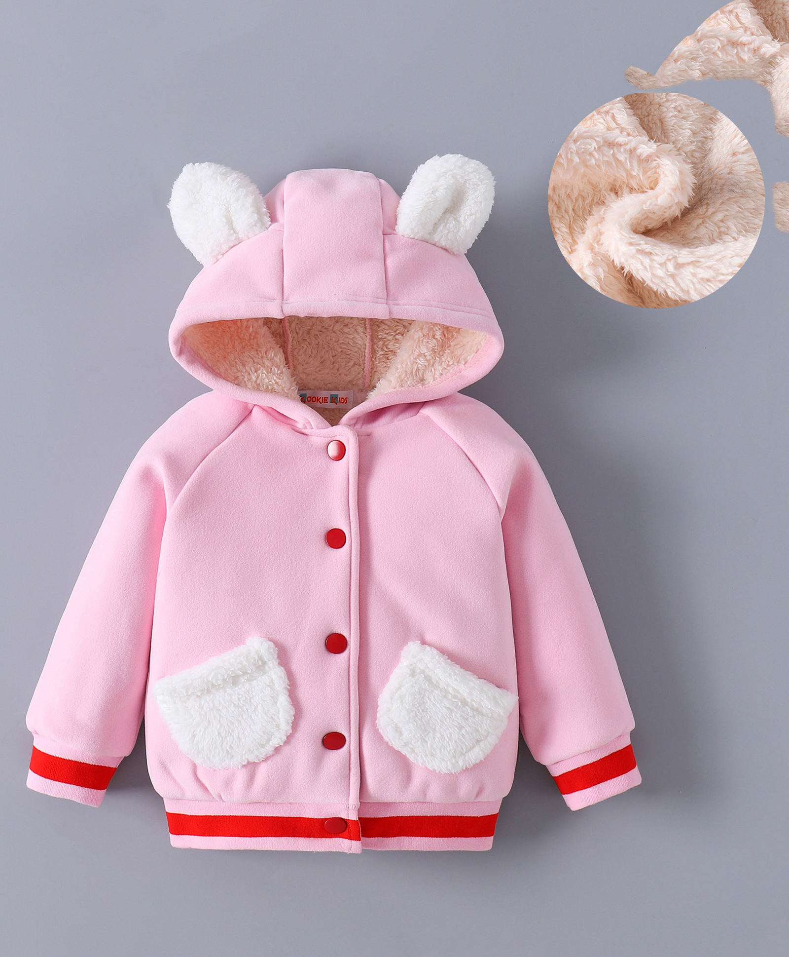 Kookie Kids Full Raglan Sleeves Hooded Bomber Jacket With Ears Applique - Pink-image-27