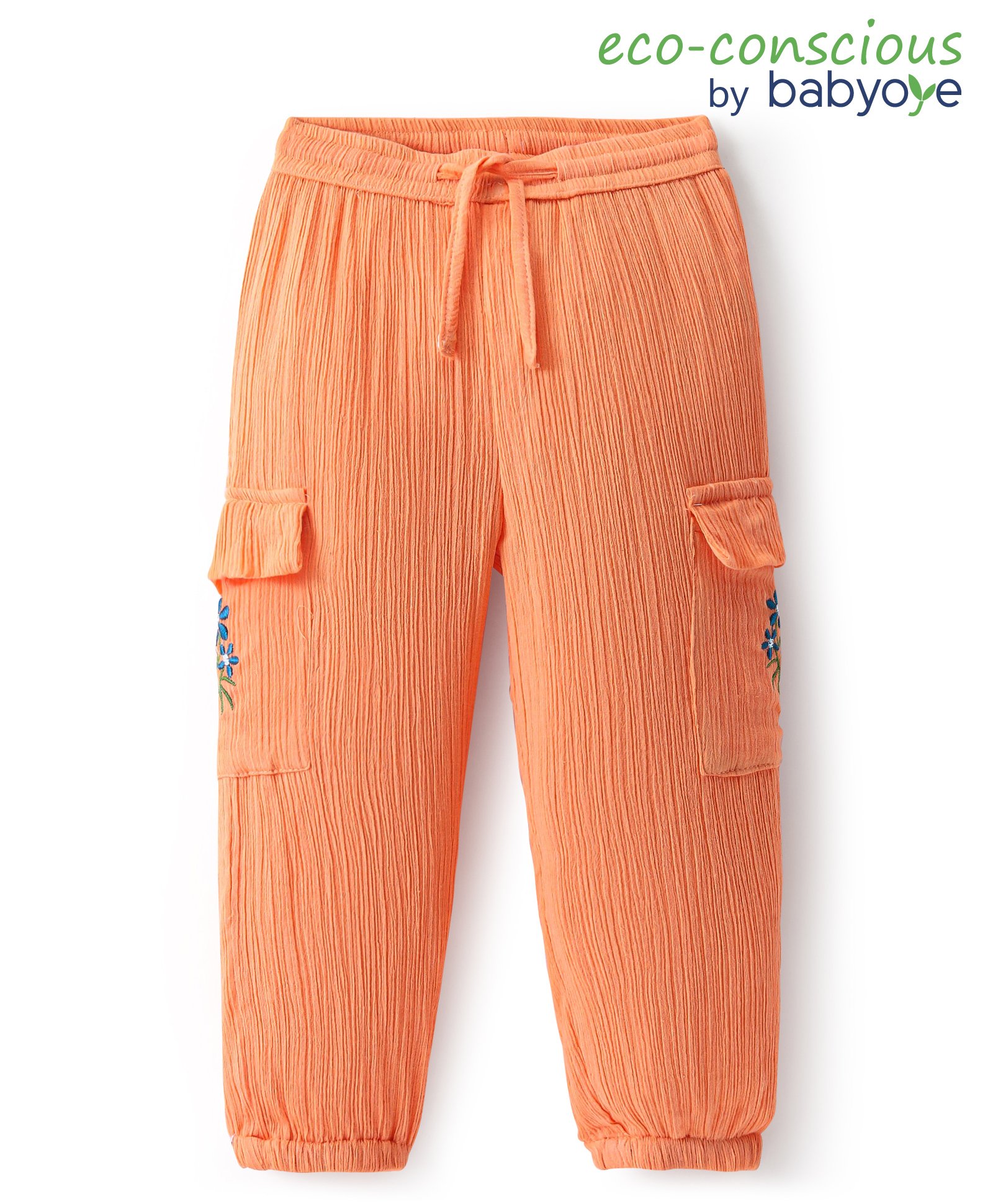 Babyoye Cotton Woven Full Length Lounge Pant with Floral Embroidery  - Orange-picture-21