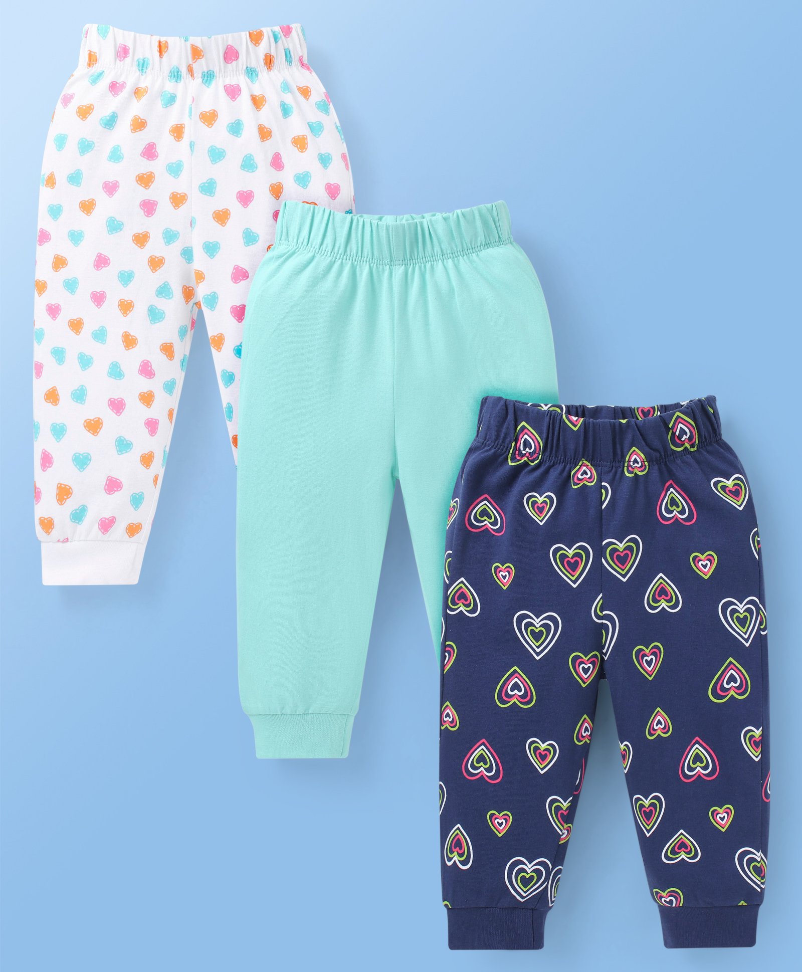 Doodle Poodle Single Jersey Knit Full Length Solid & Heart Printed Lounge Pants Pack of 3 - White Light Blue & Navy Blue-picture-47