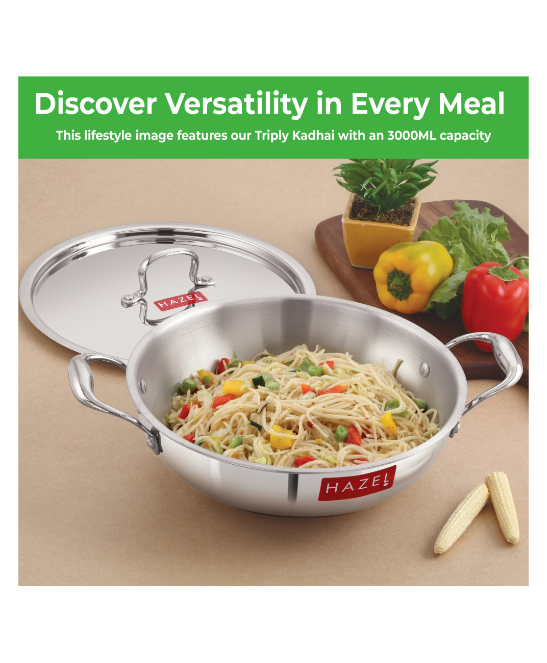 HAZEL Triply Stainless Steel Induction Bottom Kadhai Karahi Kadai With Steel Lid, 4 Litre, 29.9 cm-picture-22