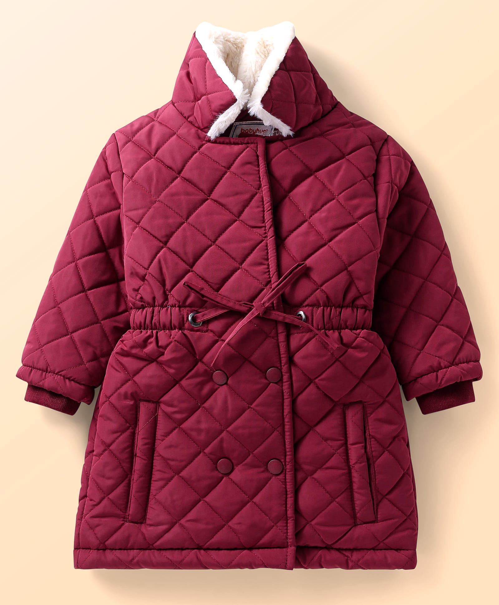 Babyhug Woven Full Sleeves Hooded Trench Coat with Quilt Design - Wine-image-8