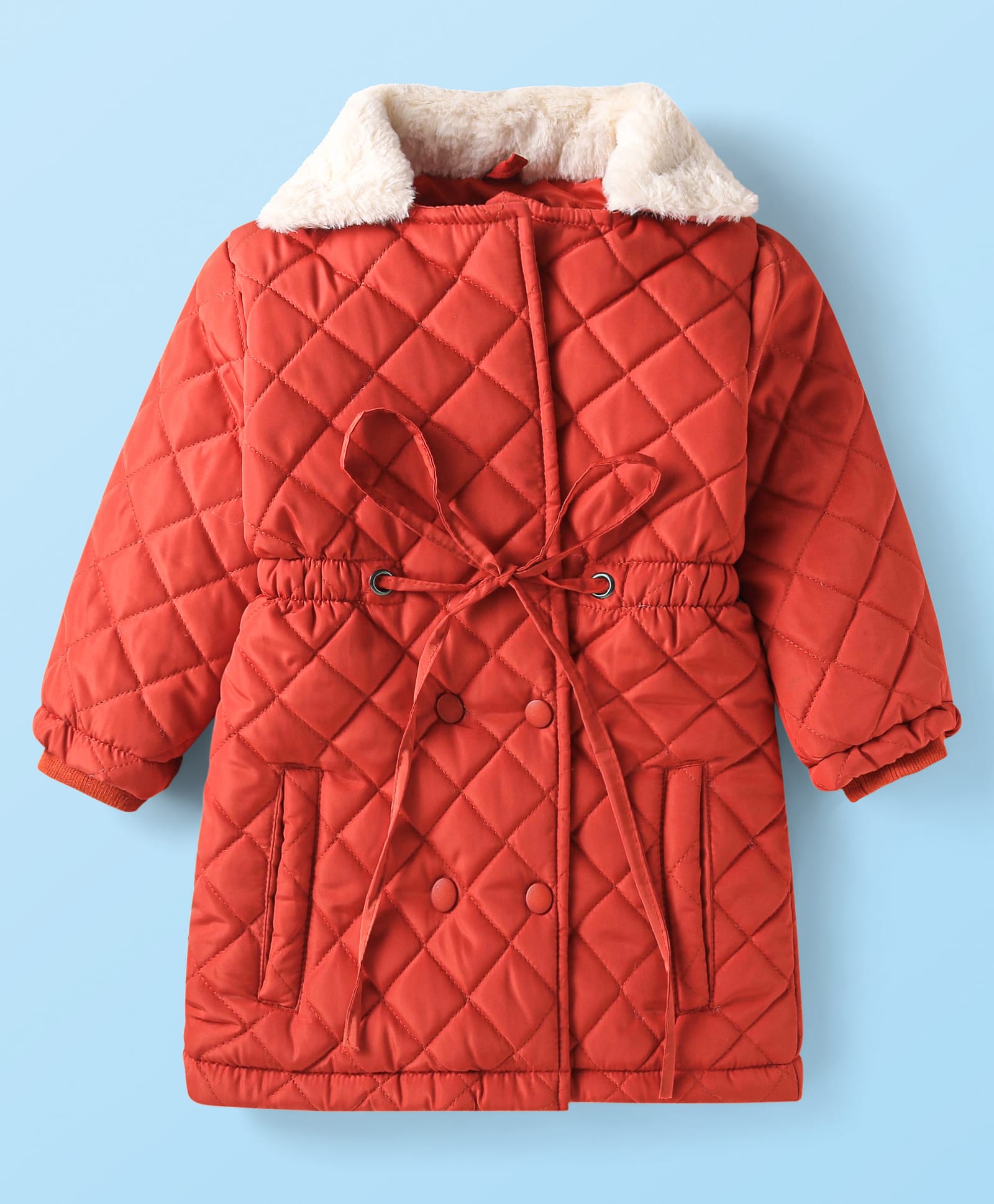 Baby Hub Woven Full Sleeves Solid Color Trench Coat with Fur Detailing - Rust Orange-image-33
