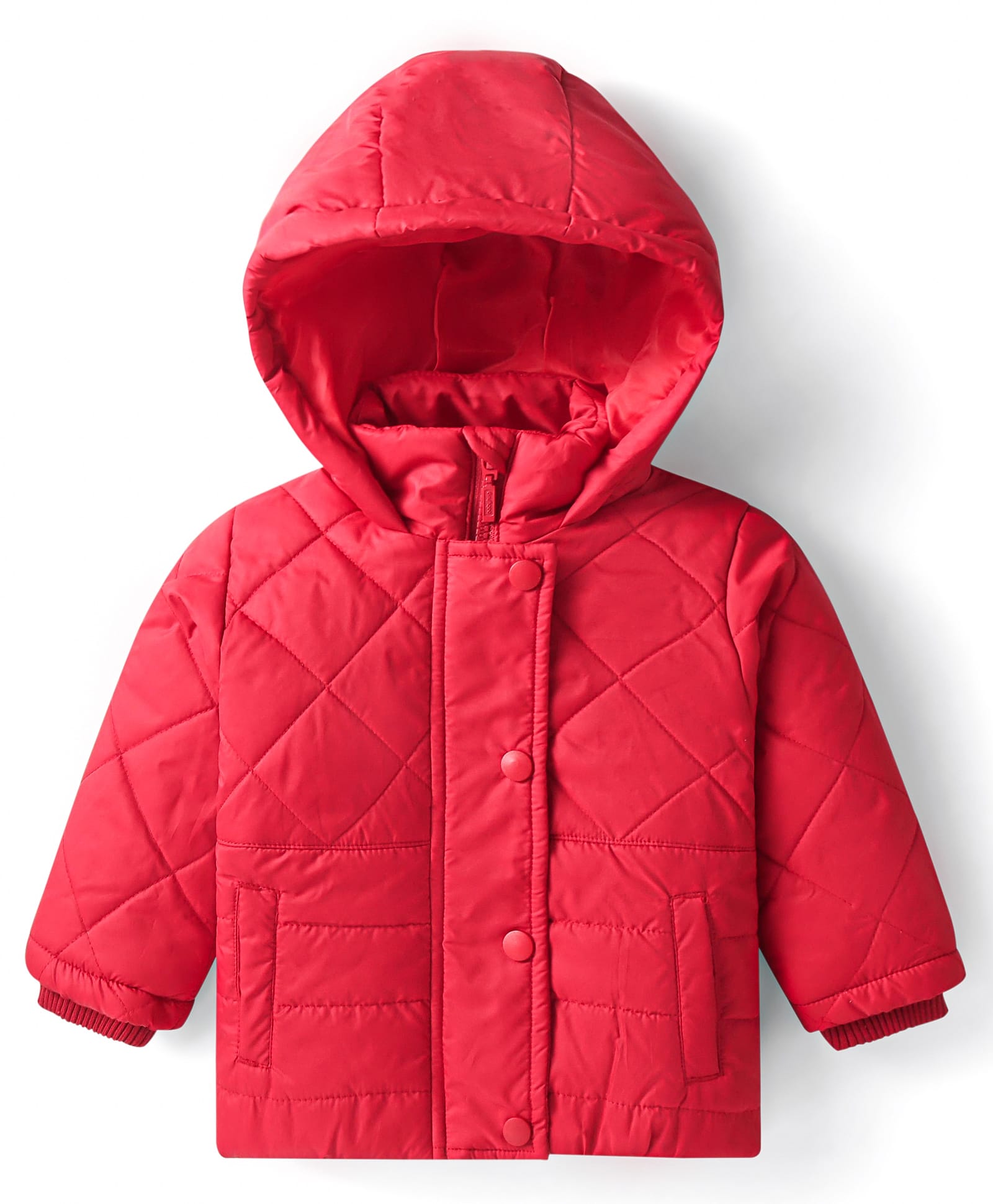Babyhug Woven Full Sleeves Padded Hooded Jacket with Quilted Design & Solid Colour - Red-image-17