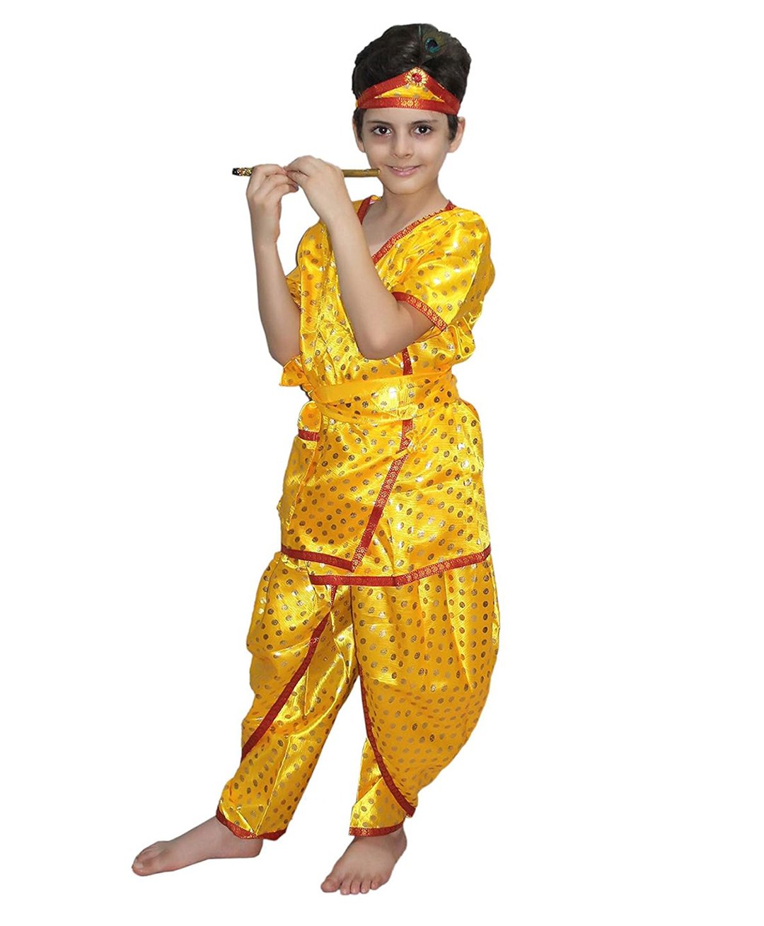 Kaku Fancy Dresses Janmashtami Theme Half Sleeves Dots Printed Krishna Costume Set - Yellow-image-11