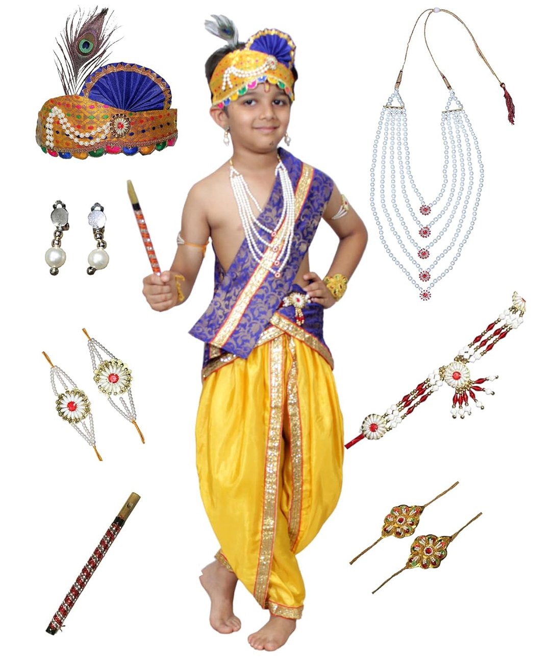 Kaku Fancy Dresses Janmashtami Theme Floral Printed Krishna Costume Set - Blue-image-12