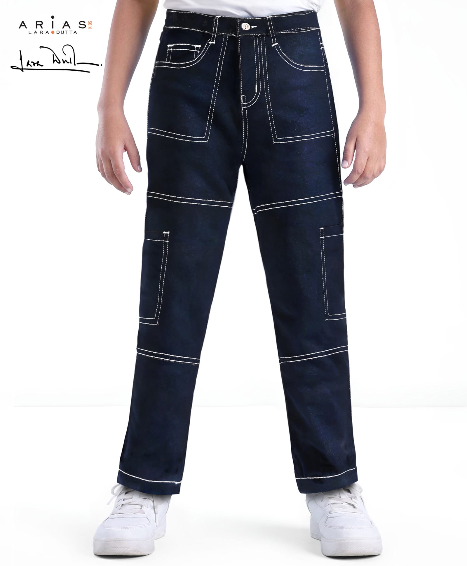 arias by lara dutta Arias Cotton Stretch Regular Fit Jeans With Cargo Pockets & Contrast Stitch Details - Black-picture-25