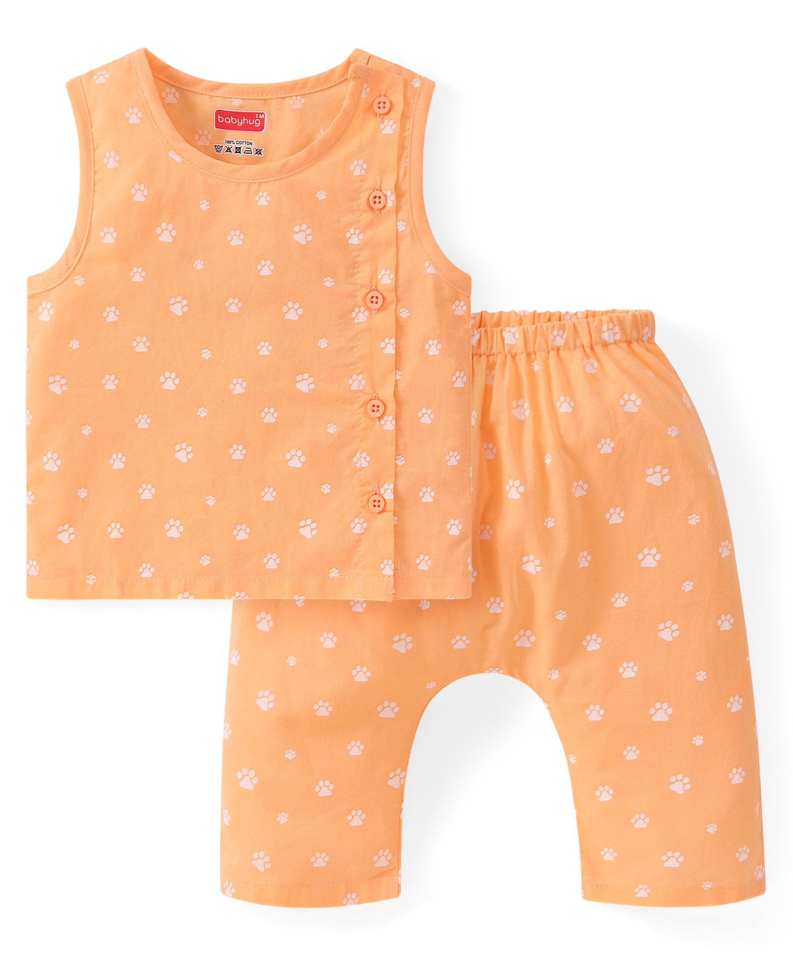 Babyhug Cambric Woven Sleeveless Side Open Innerwear Set With Paw Print - Orange-image-45