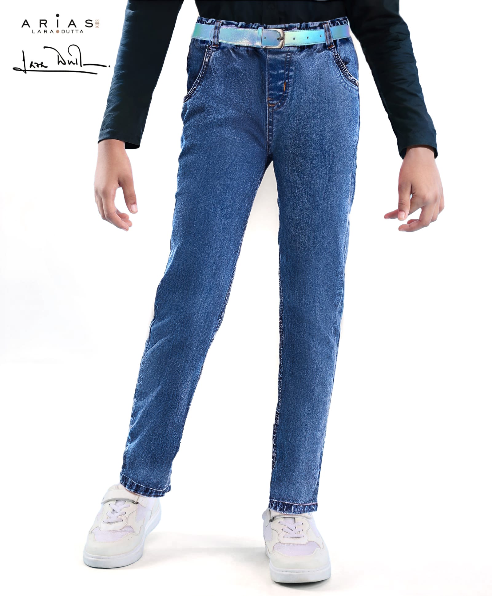 arias by lara dutta Arias Cotton Woven Full Length Solid Denim Jeans With Belt - Royal Blue-picture-18