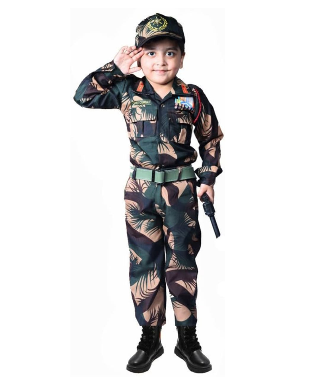 Sarvda Full Sleeves Camouflage Printed Indian Army Costume Set - Dark Green & Beige