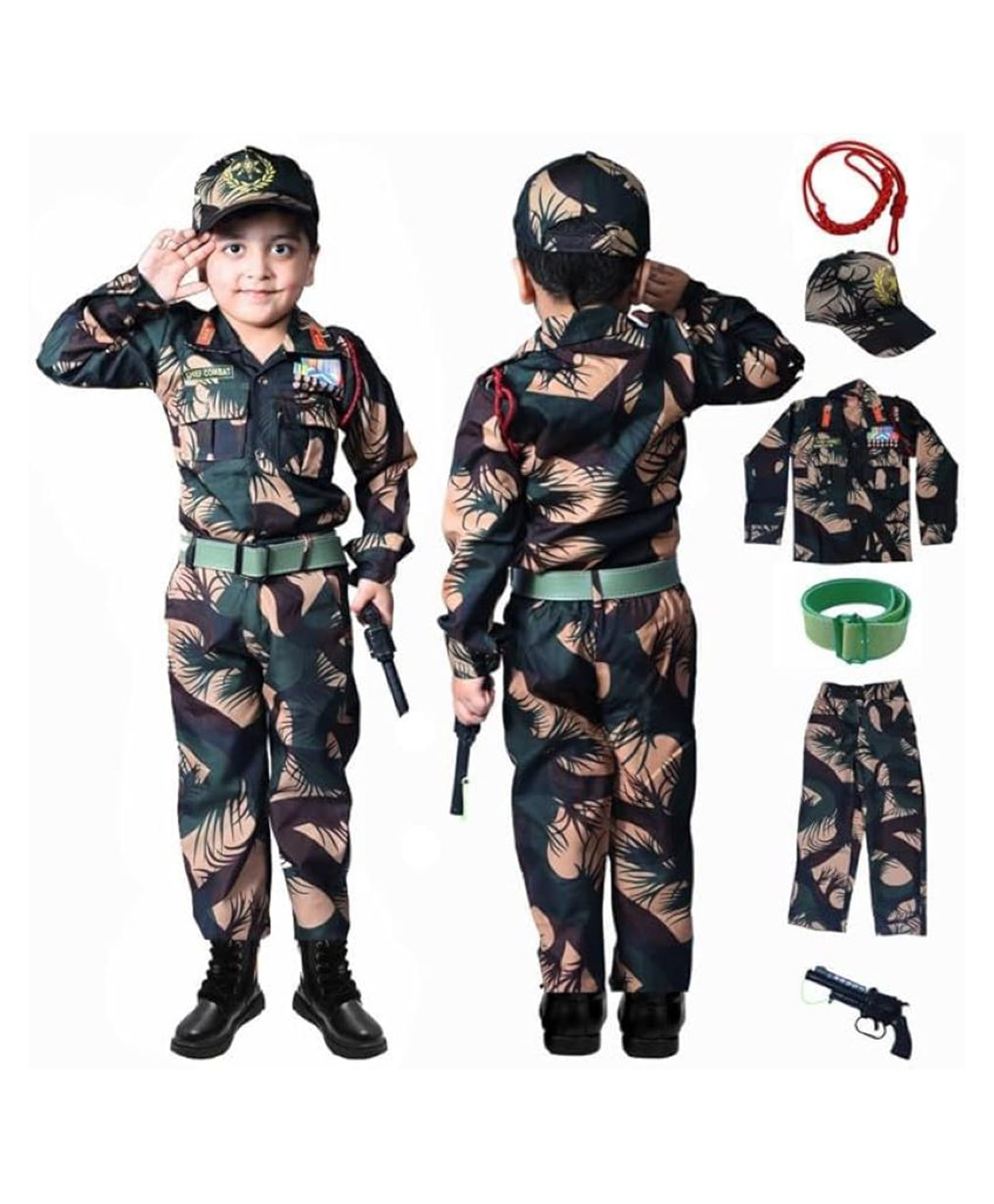 Sarvda Full Sleeves Camouflage Printed Indian Army Costume Set - Dark Green & Beige-image-42