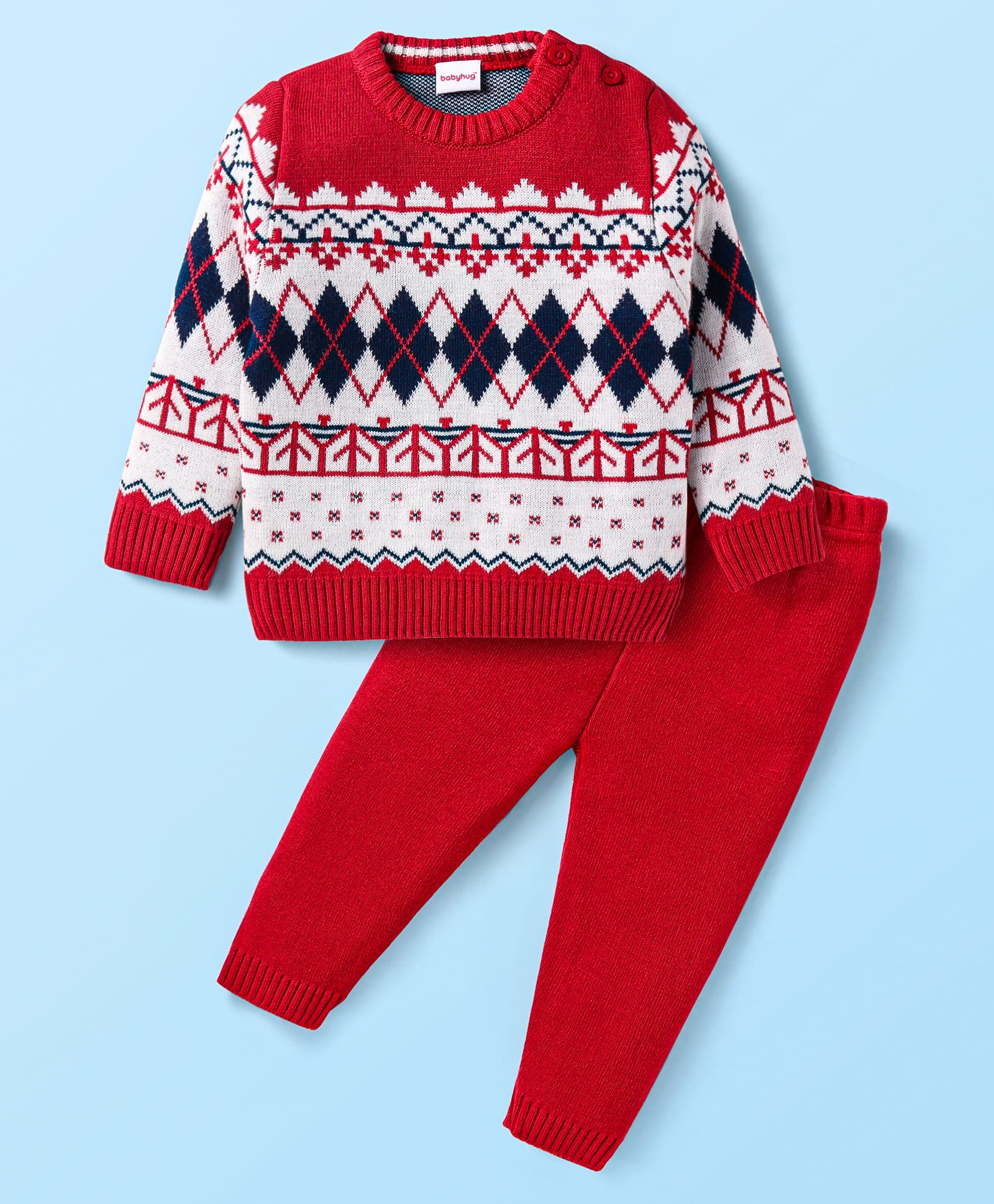 Babyhug Knitted Full Sleeves Pullover Sweater Set With Chevron Design - Red-picture-25