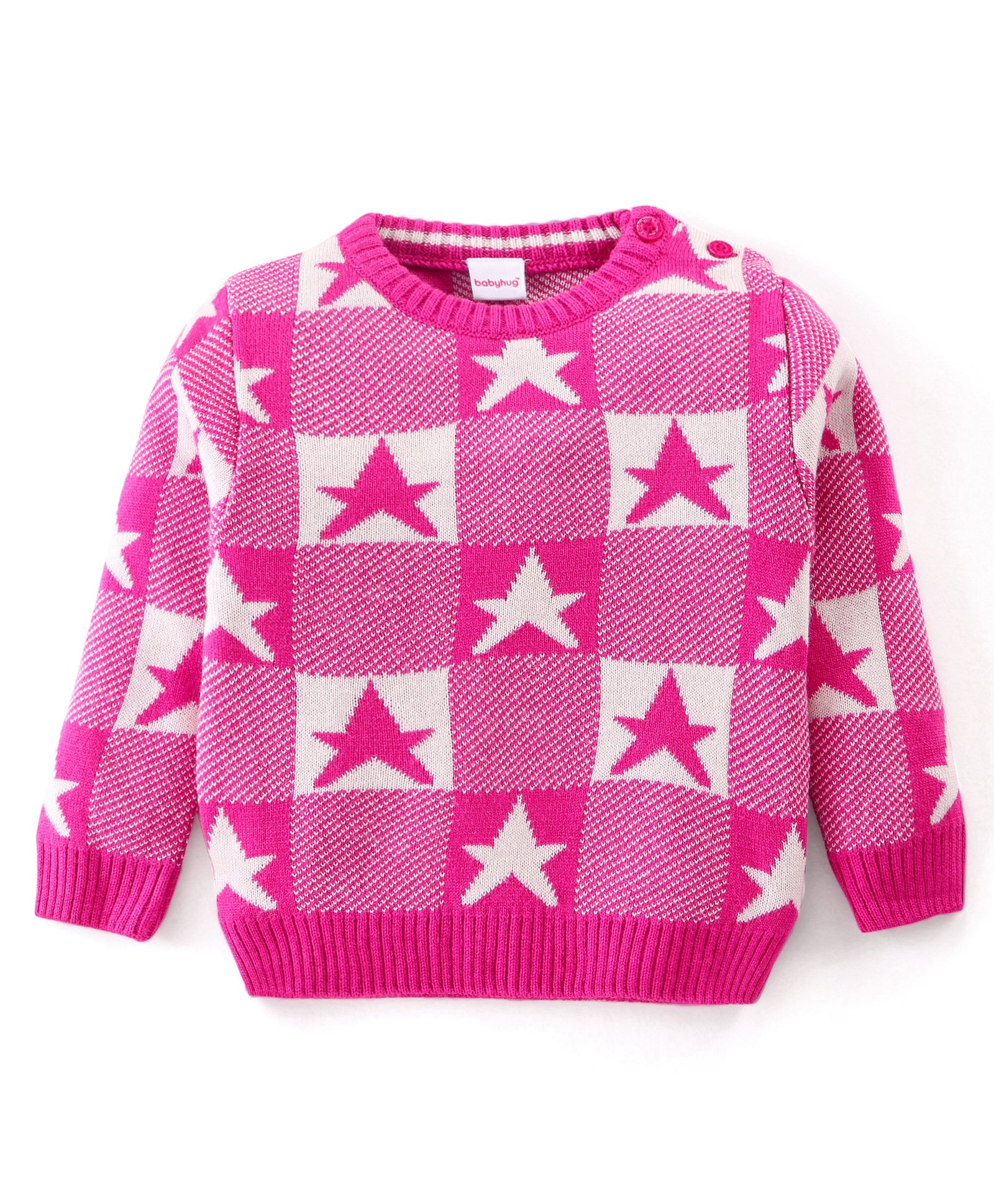 Babyhug Knitted Full Sleeves Pullover Sweater with Checkered & Star Design - Pink-picture-13