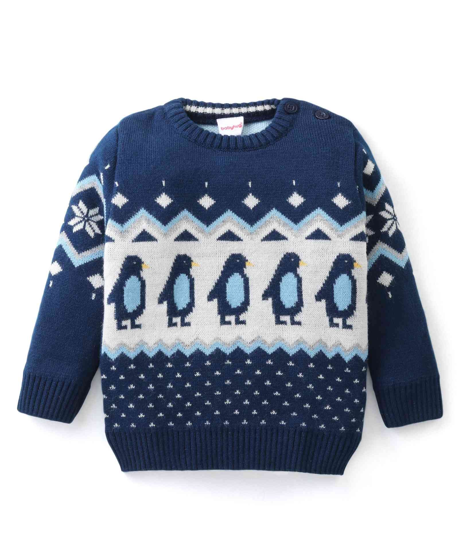Babyhug Knit Full Sleeves Pullover Sweater with Penguin Design - Navy Blue-image-44