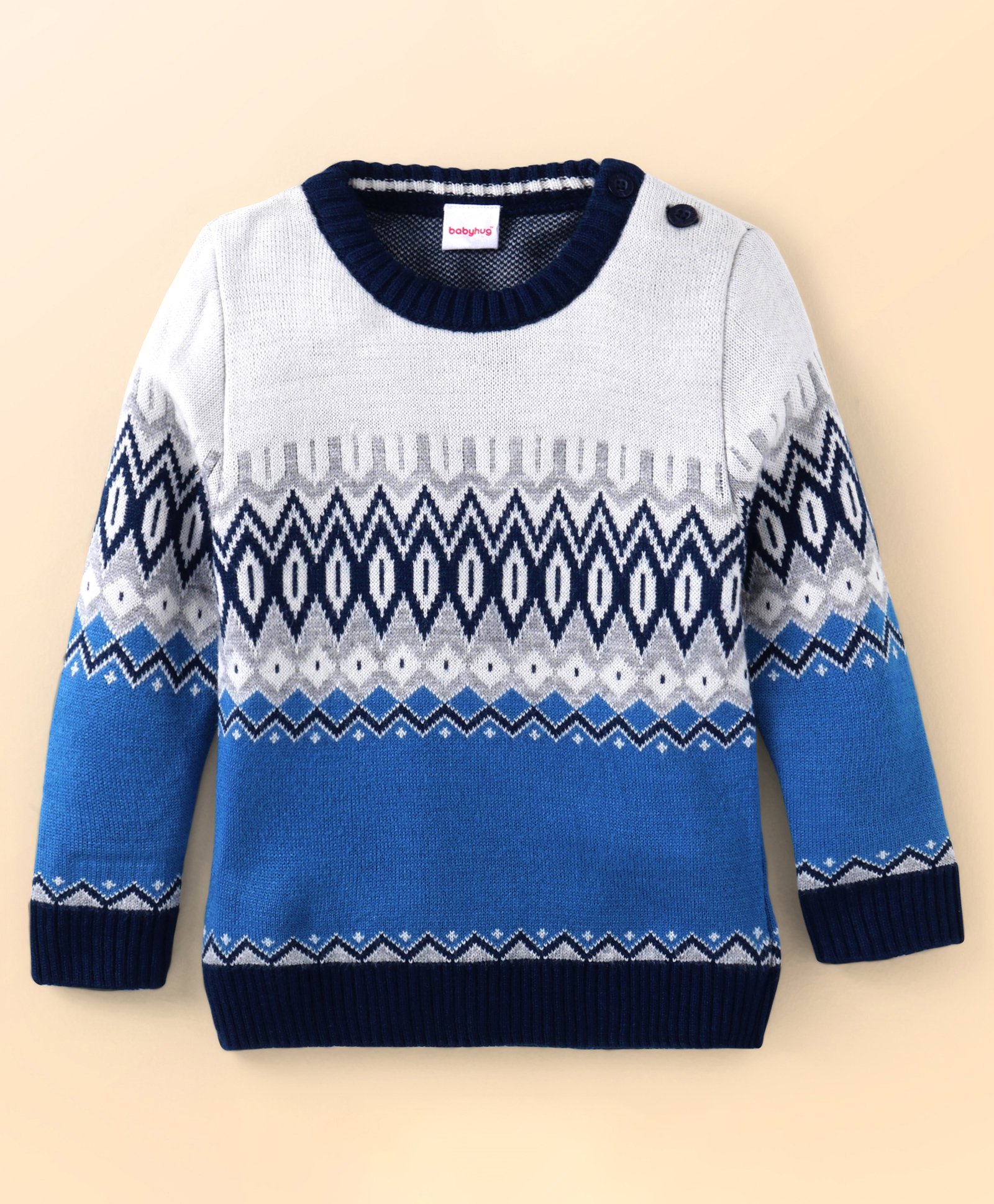 Babyhug Knitted Full Sleeves Pullover Sweater With Chevron Design - White & Blue-image-30