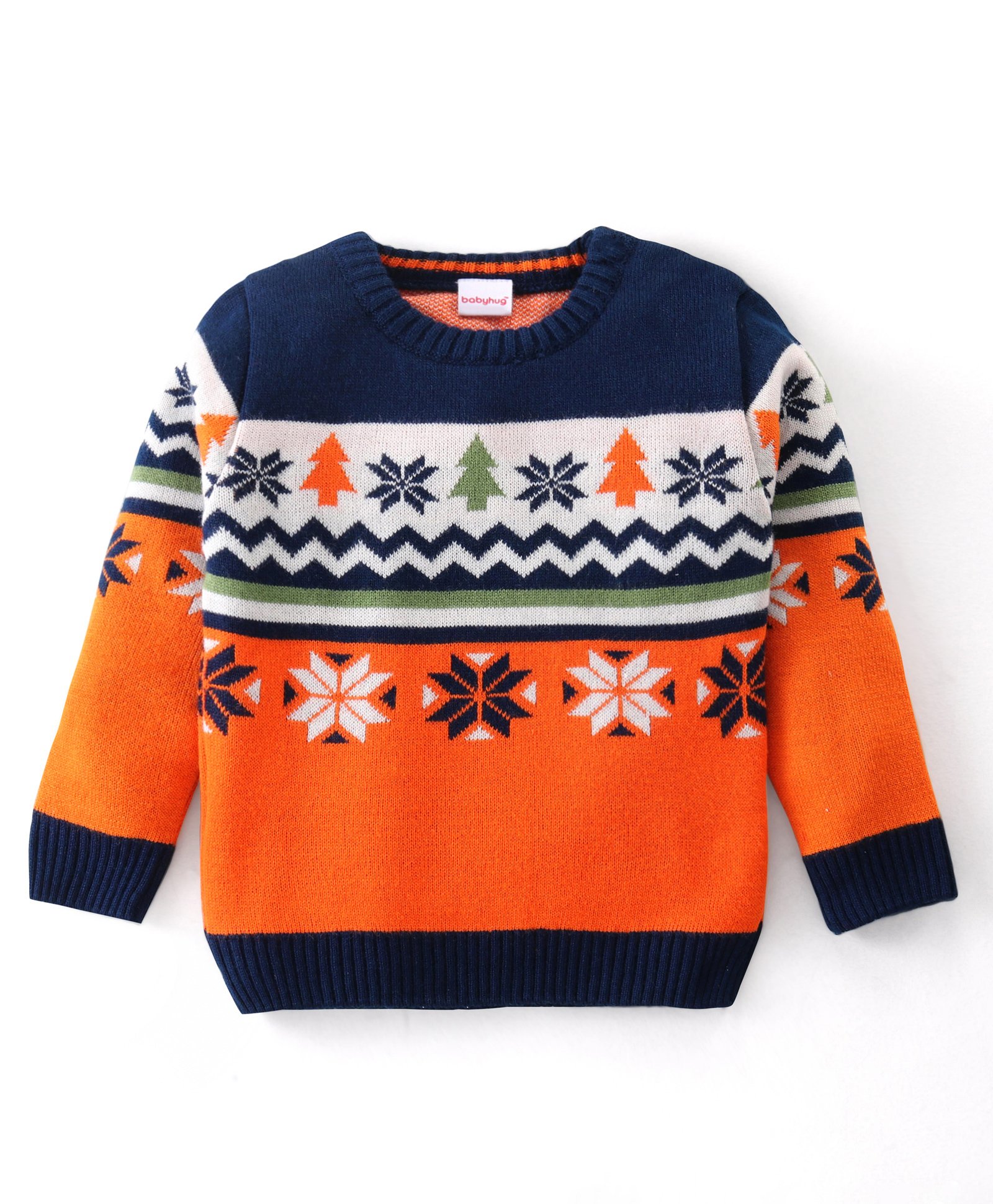 Babyhug Knitted Full Sleeves Intarsia Designed Pullover Sweater - Orange & Navy Blue-image-43