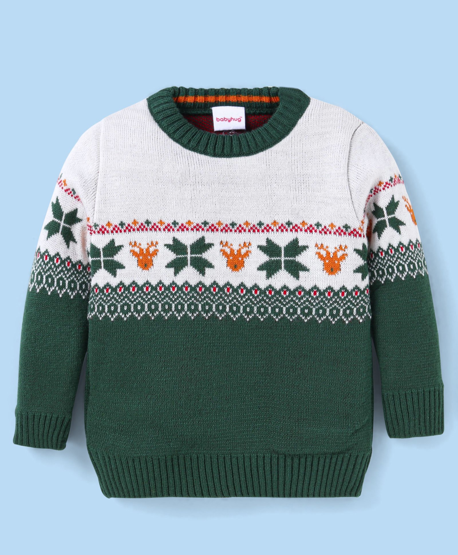 Babyhug Knitted Full Sleeves Pullover Sweater With Intarsia Design - White & Green-image-7