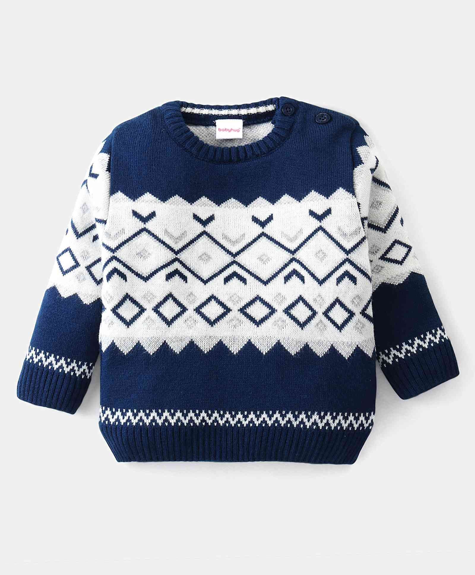 Babyhug Knit Full Sleeves Pullover Sweater with Aztec Design - Navy Blue-image-41