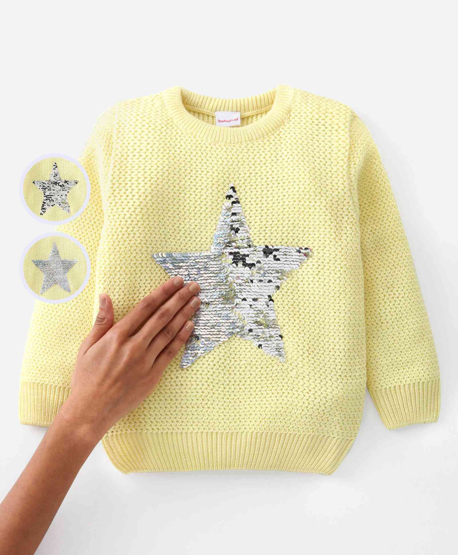 Babyhug Knit Full Sleeves Pullover Sweater with Sequinned Star Design - Yellow-picture-11