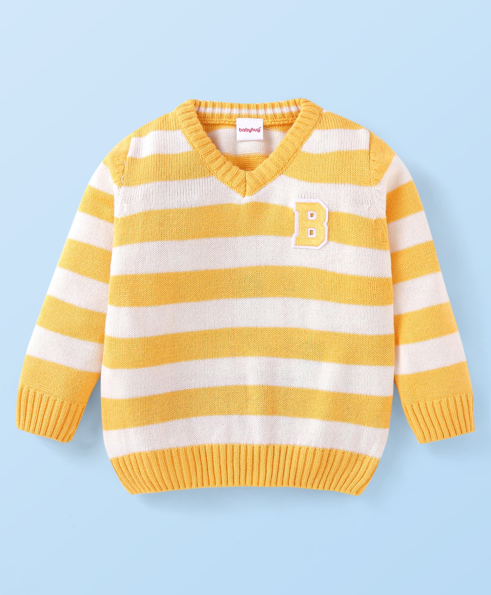 Babyhug Knitted Full Sleeve Striped Pullover Sweater with Alphabet Patch - Yellow-image-33