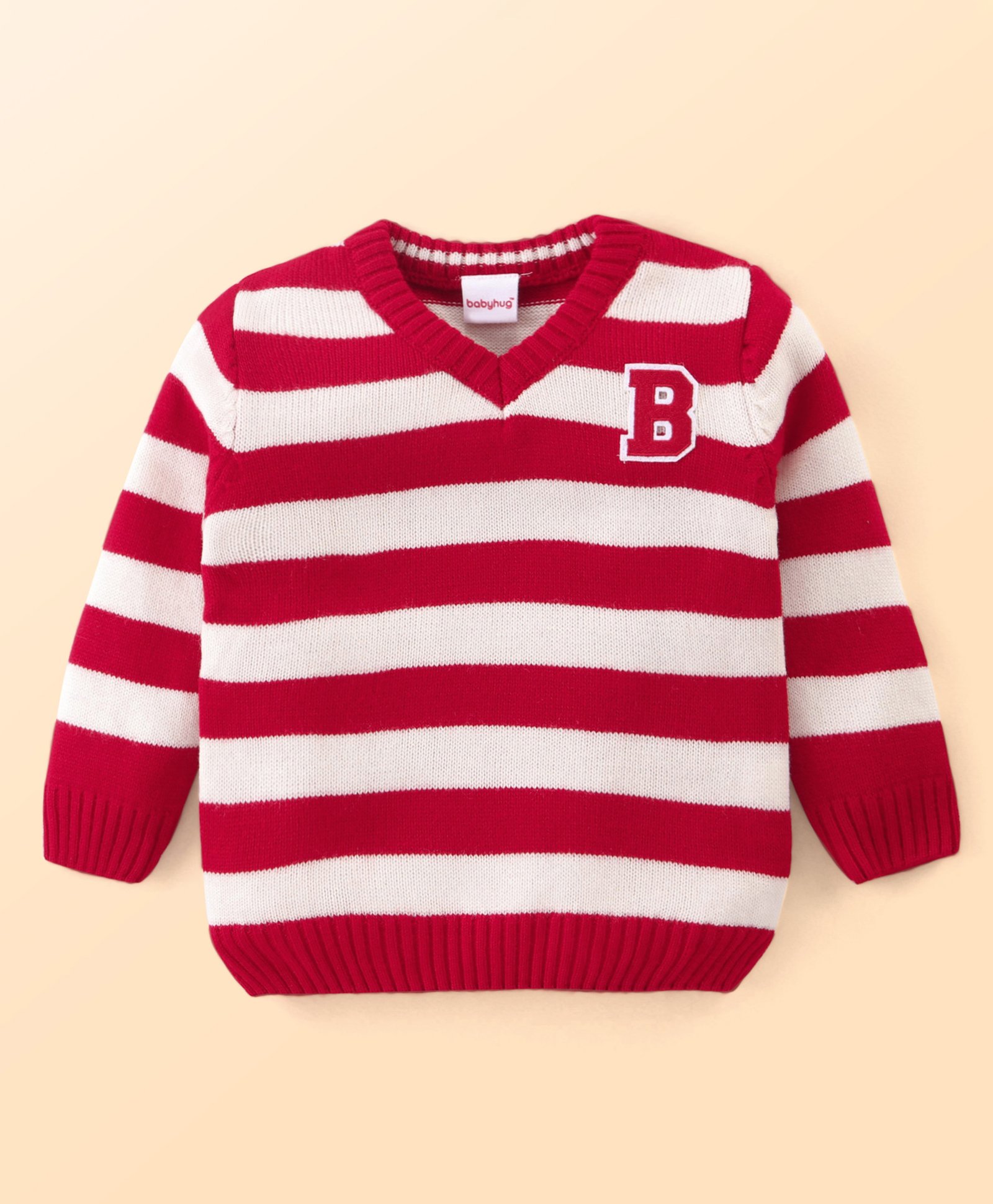 Babyhug Knit Full Sleeves Striped Pullover Sweater with Alphabet Patch - Red & White-image-35