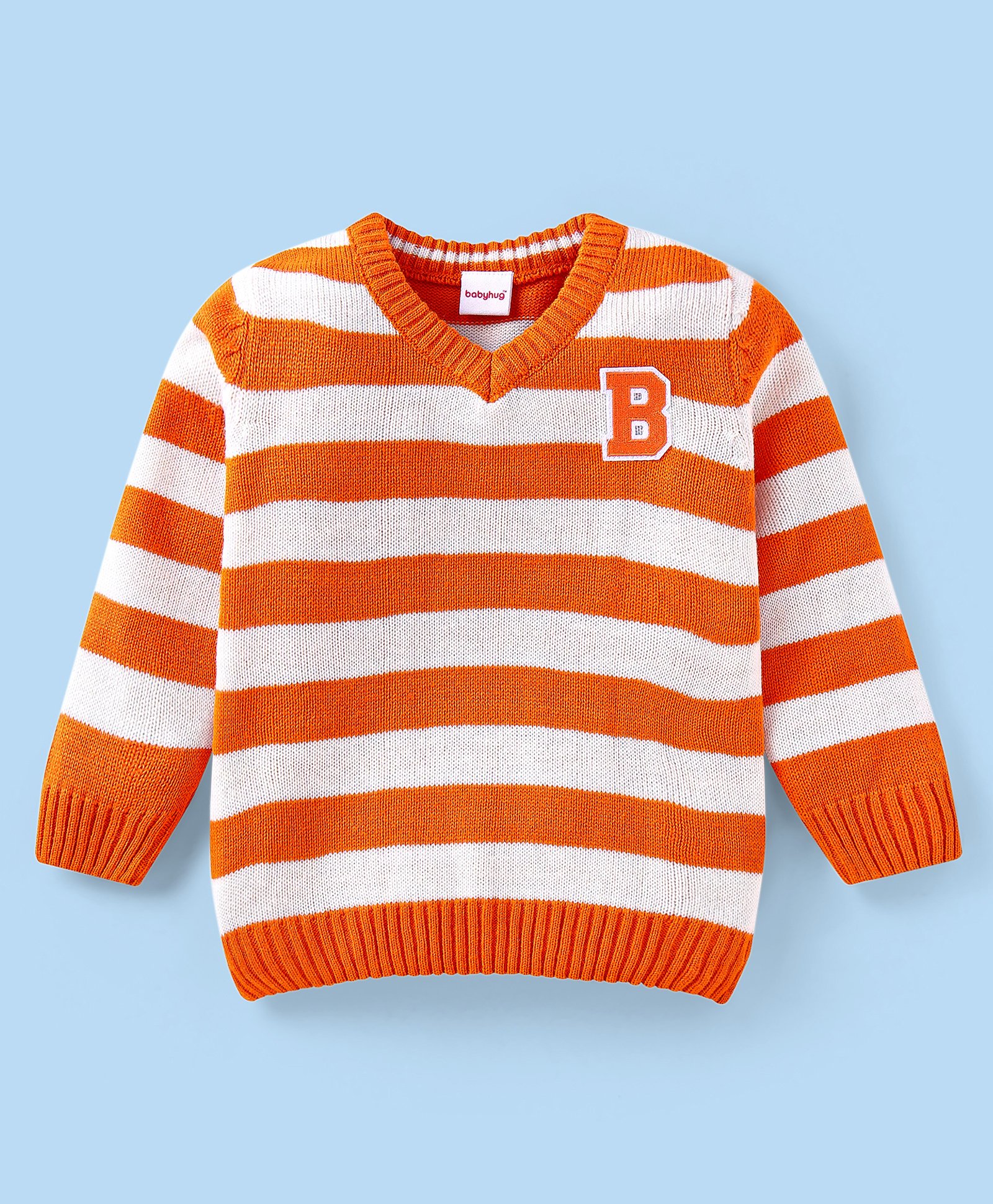 Babyhug Knit Full Sleeves Striped Pullover with Text Embroidery - White & Orange-image-12