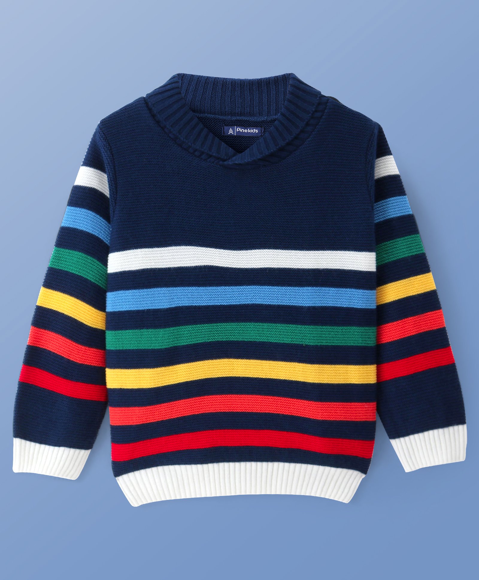 Pine Kids Knitted Full Sleeves Collar Neck Pullover Sweater With Stripes Design - Navy Blue-picture-15